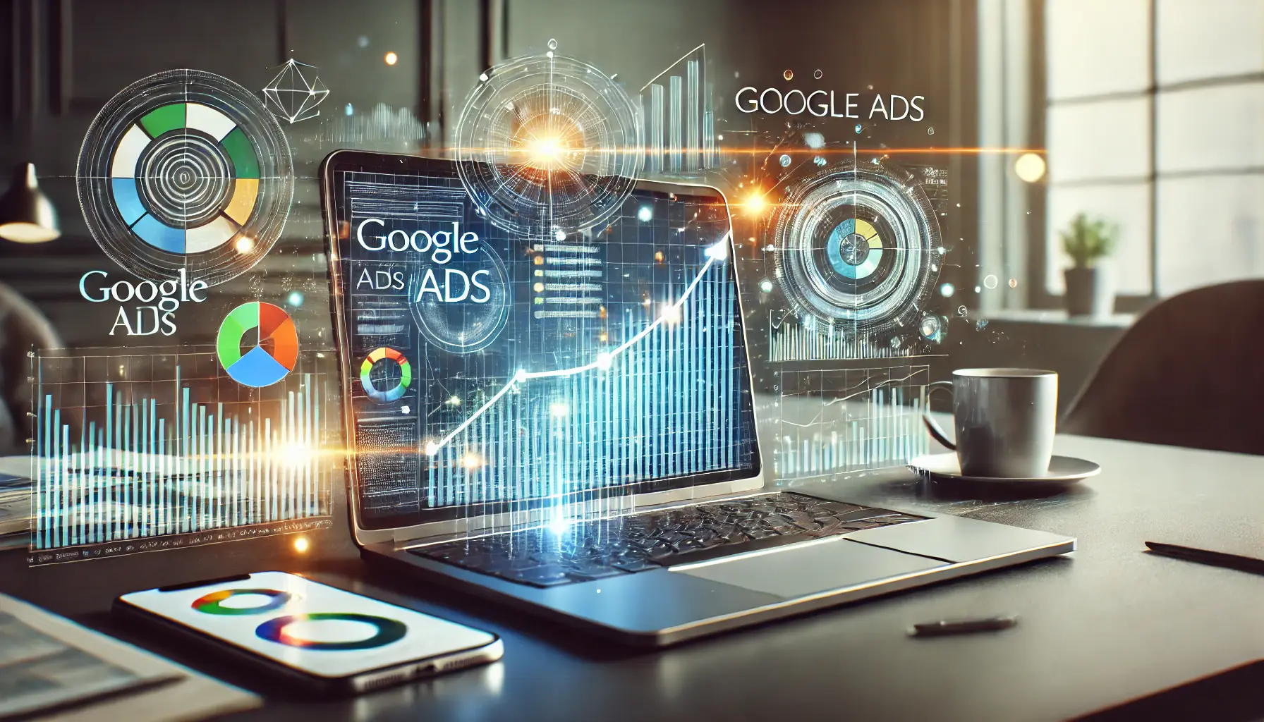 A laptop displaying a Google Ads dashboard surrounded by abstract data charts and graphs, symbolizing digital advertising optimization.