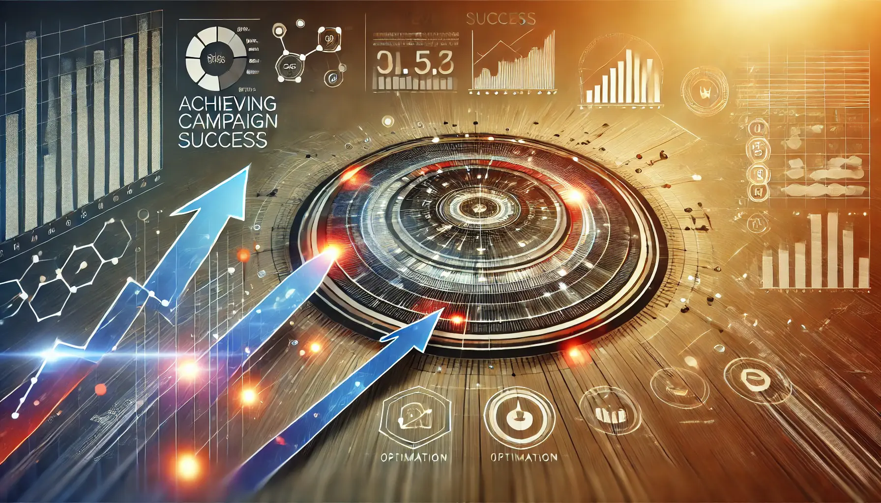 Abstract image featuring upward-trending arrows, a digital dashboard with metrics, and interconnected nodes symbolizing campaign success.