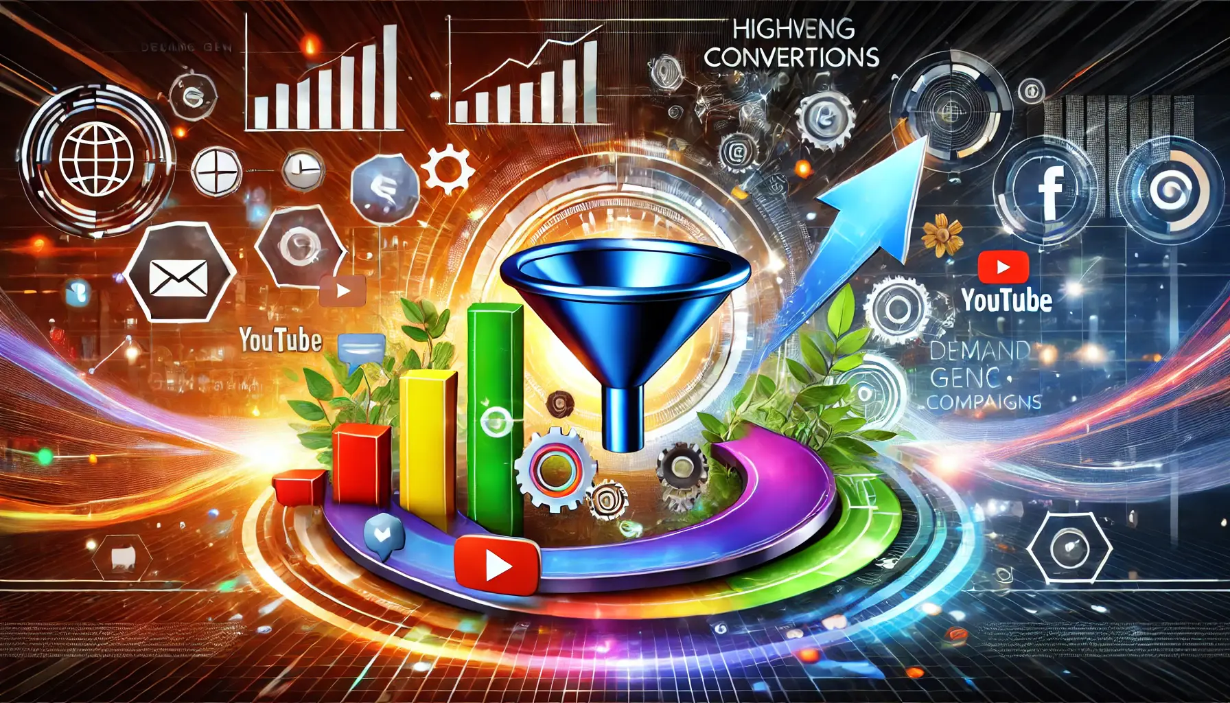 Abstract representation of increasing conversions with Demand Gen campaigns, featuring a customer journey funnel and engagement metrics.