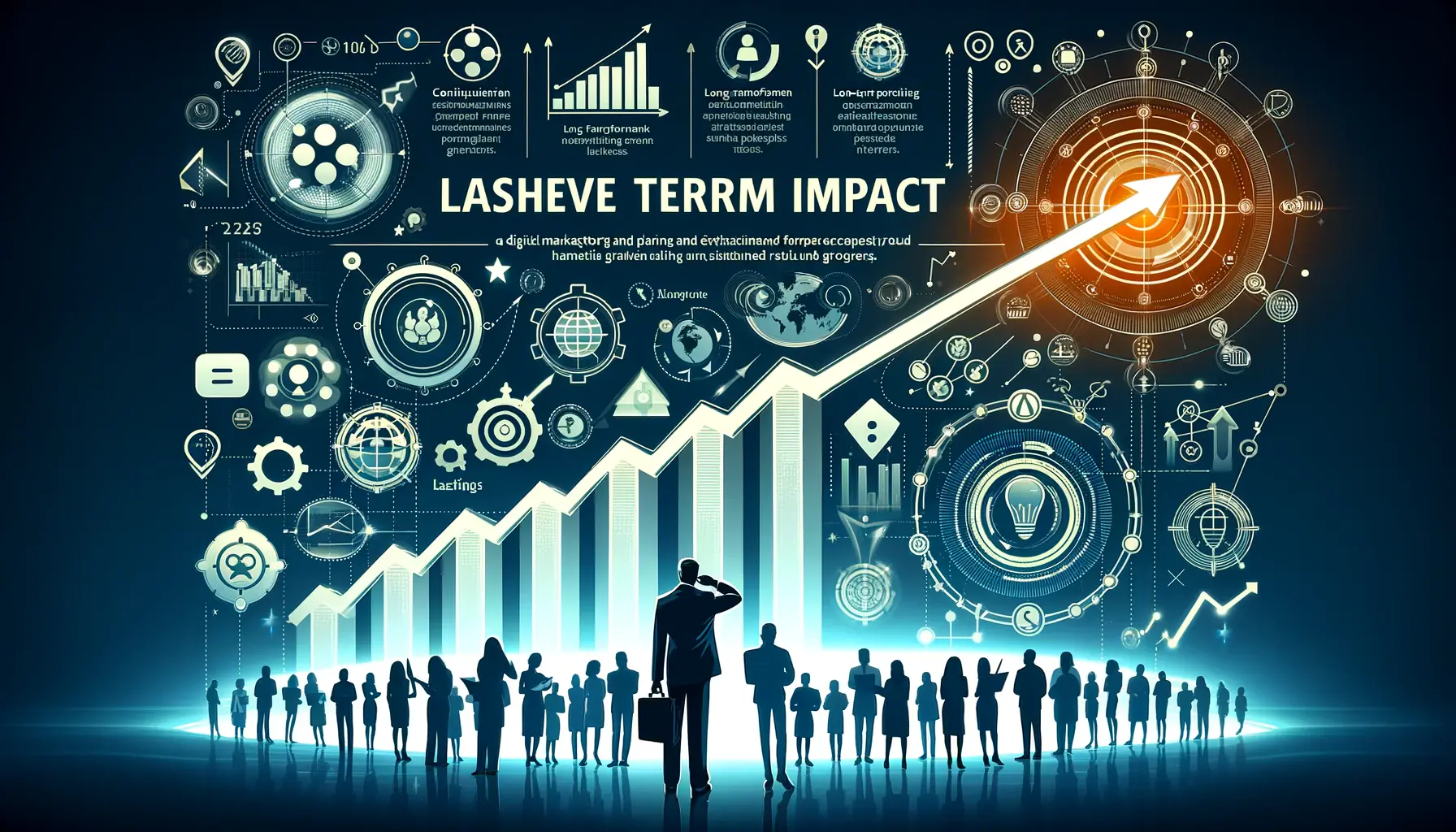 An image showing a digital marketer executing strategies to achieve long-term impact in digital marketing, visualized with steady graphs, expanding audiences, and long-term performance analysis.