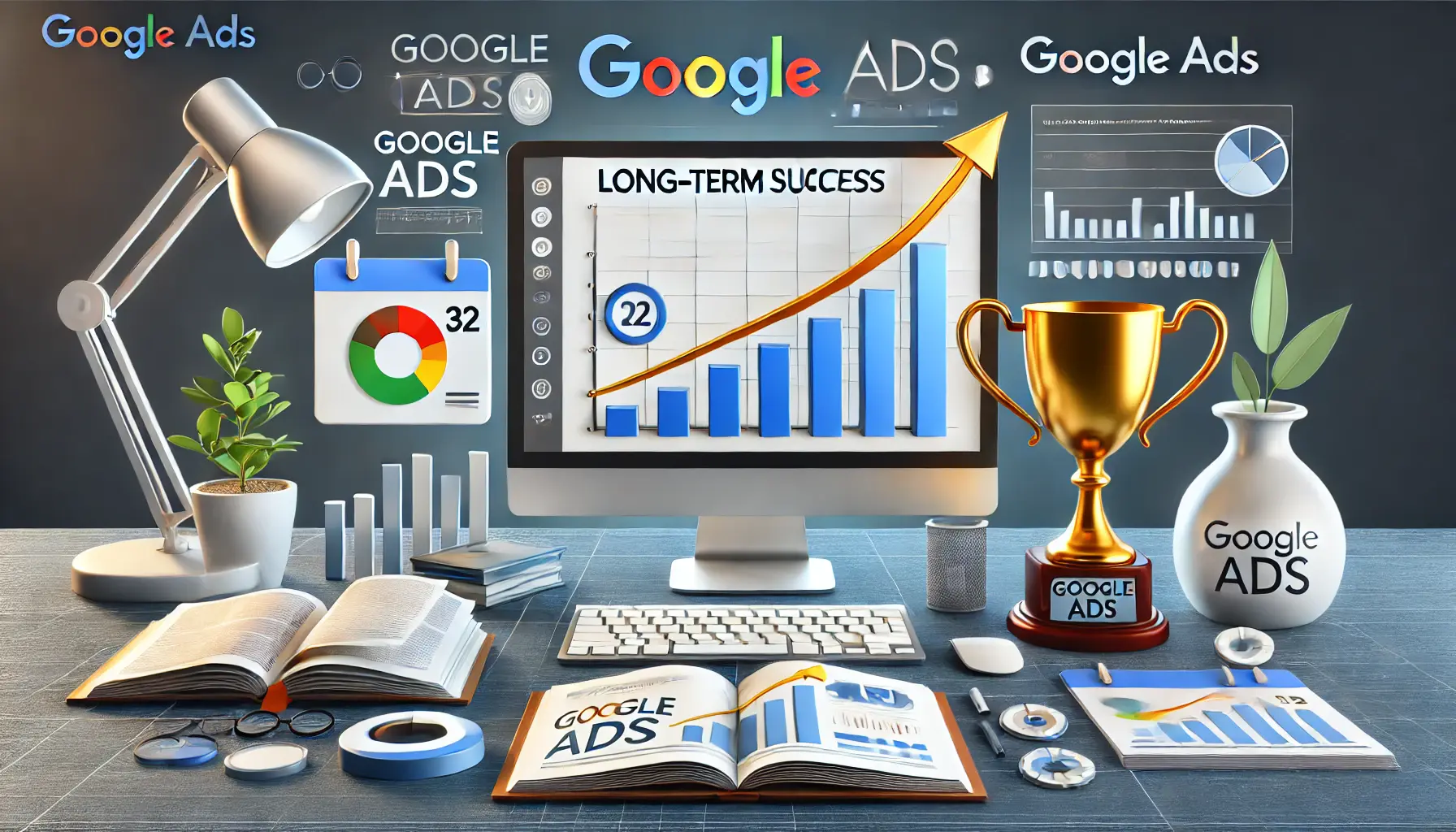 A computer displaying long-term performance graphs on a Google Ads dashboard, surrounded by a digital calendar, trophy, and upward-trending arrows.