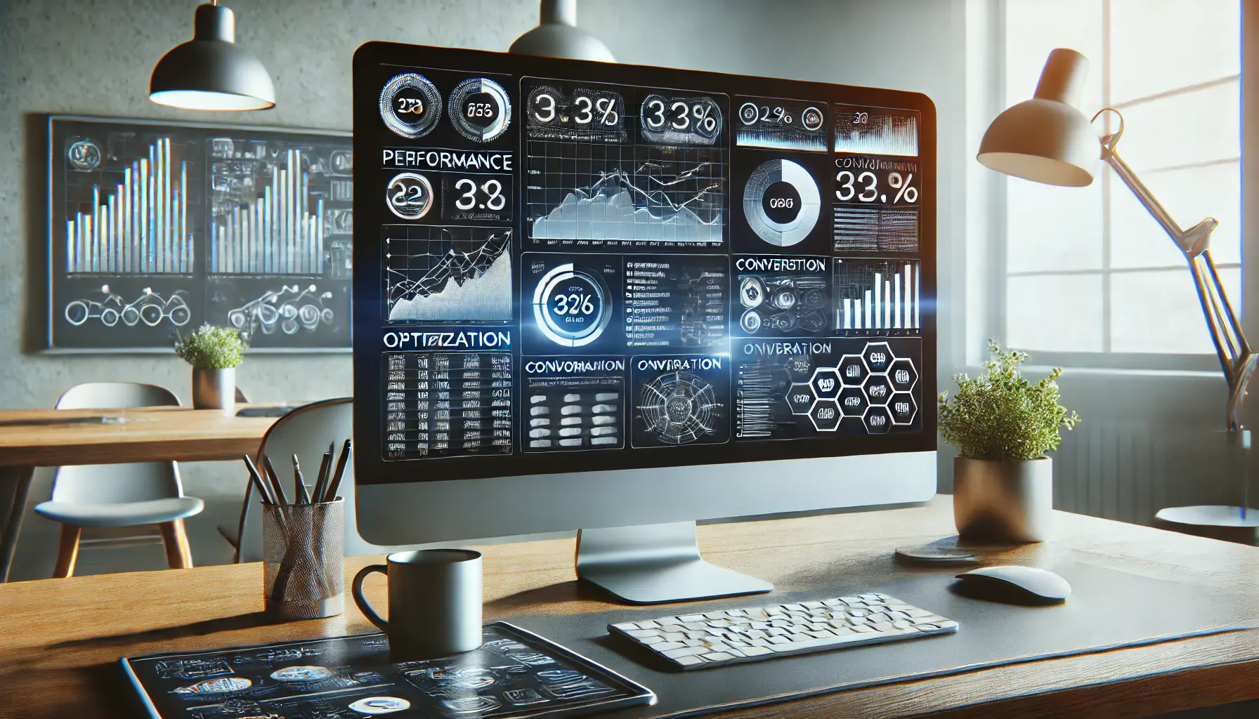 A high-tech digital marketing workspace with a computer screen displaying data-driven insights, including performance graphs, conversion rates, and optimization metrics.