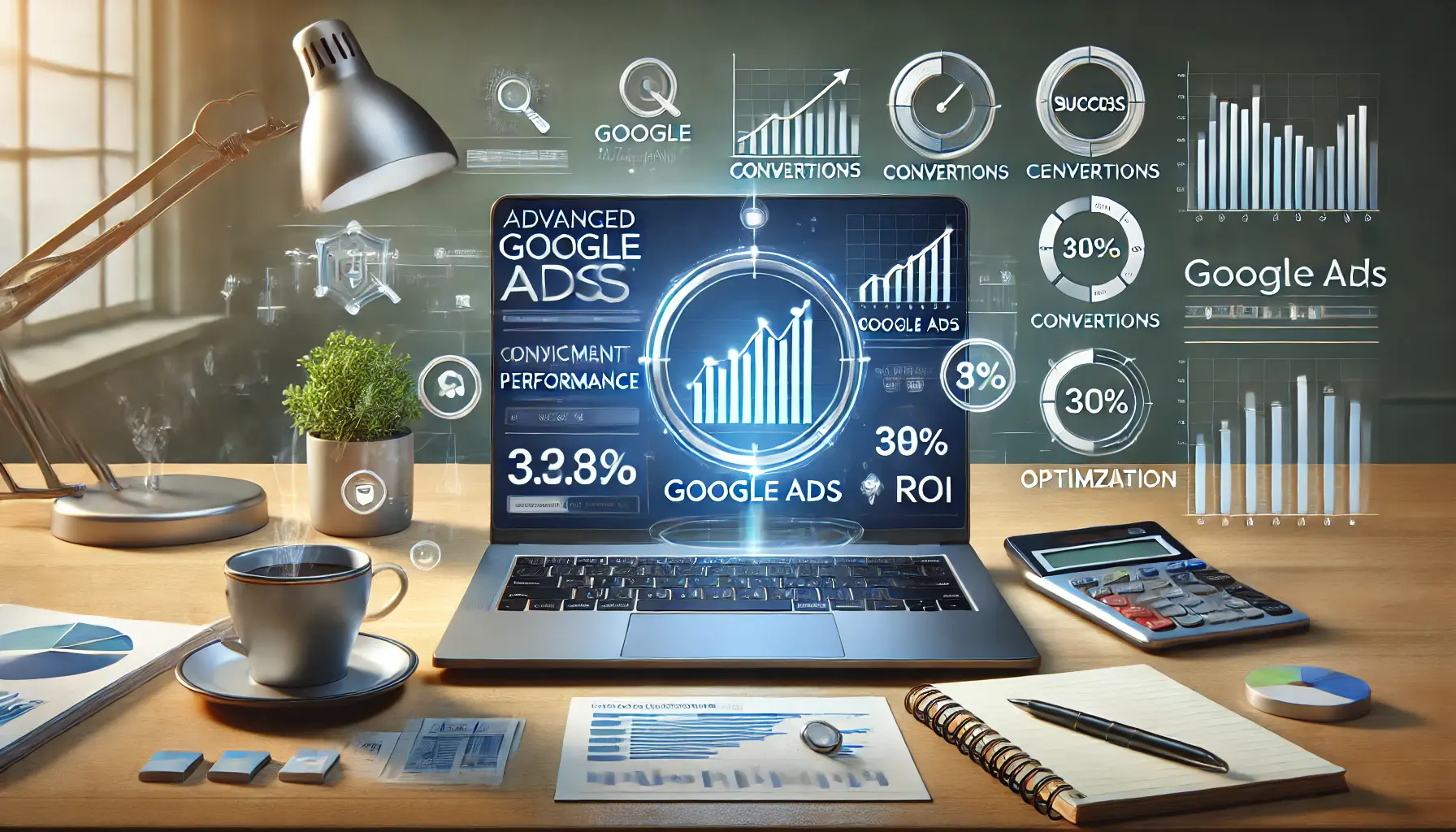 A laptop displaying an advanced Google Ads dashboard with performance graphs showing growth, surrounded by visual elements symbolizing success and optimization.