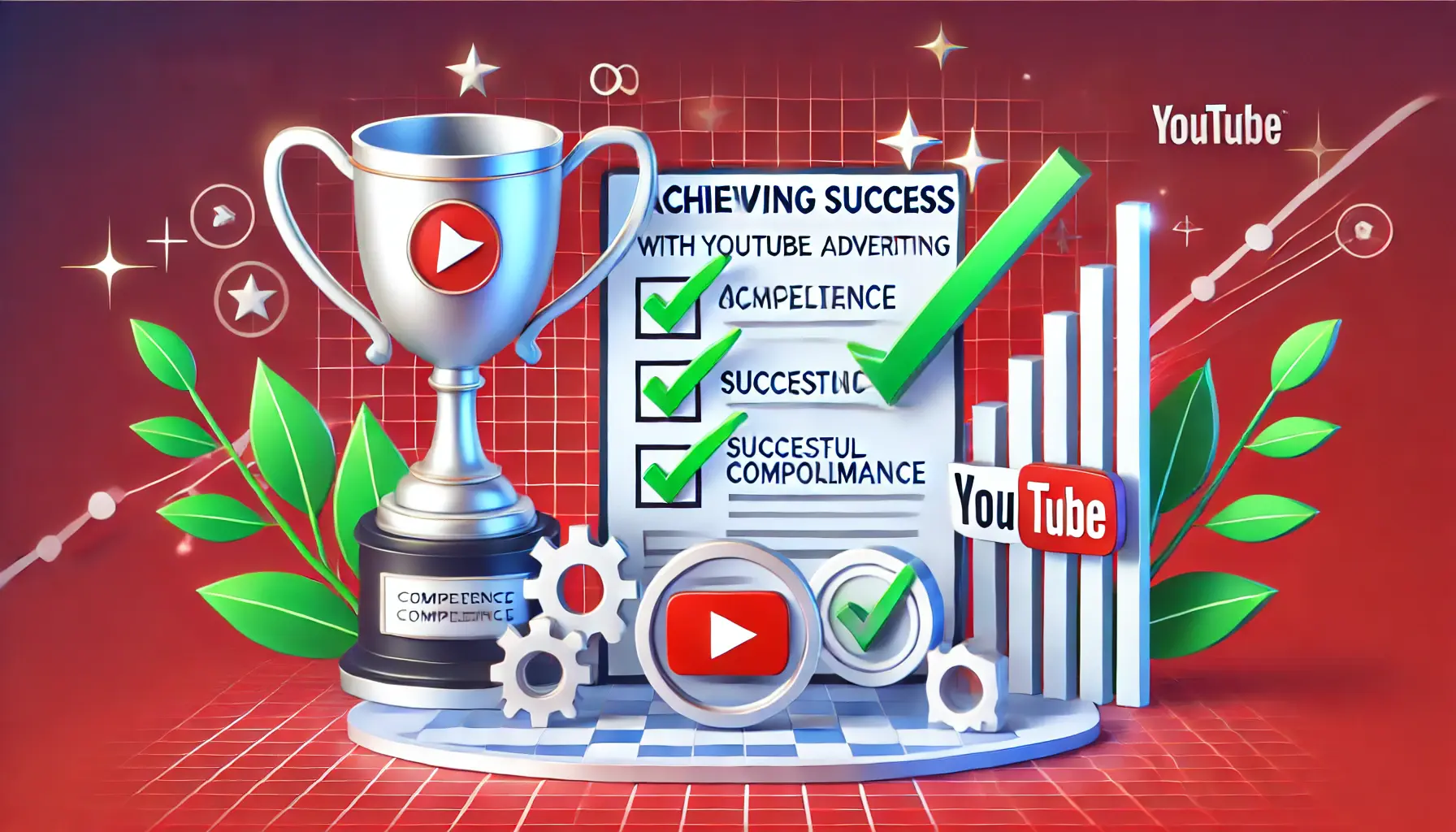 An image showing a trophy symbolizing achievement, a checklist with green checkmarks, and a graph showing growth in ad performance.