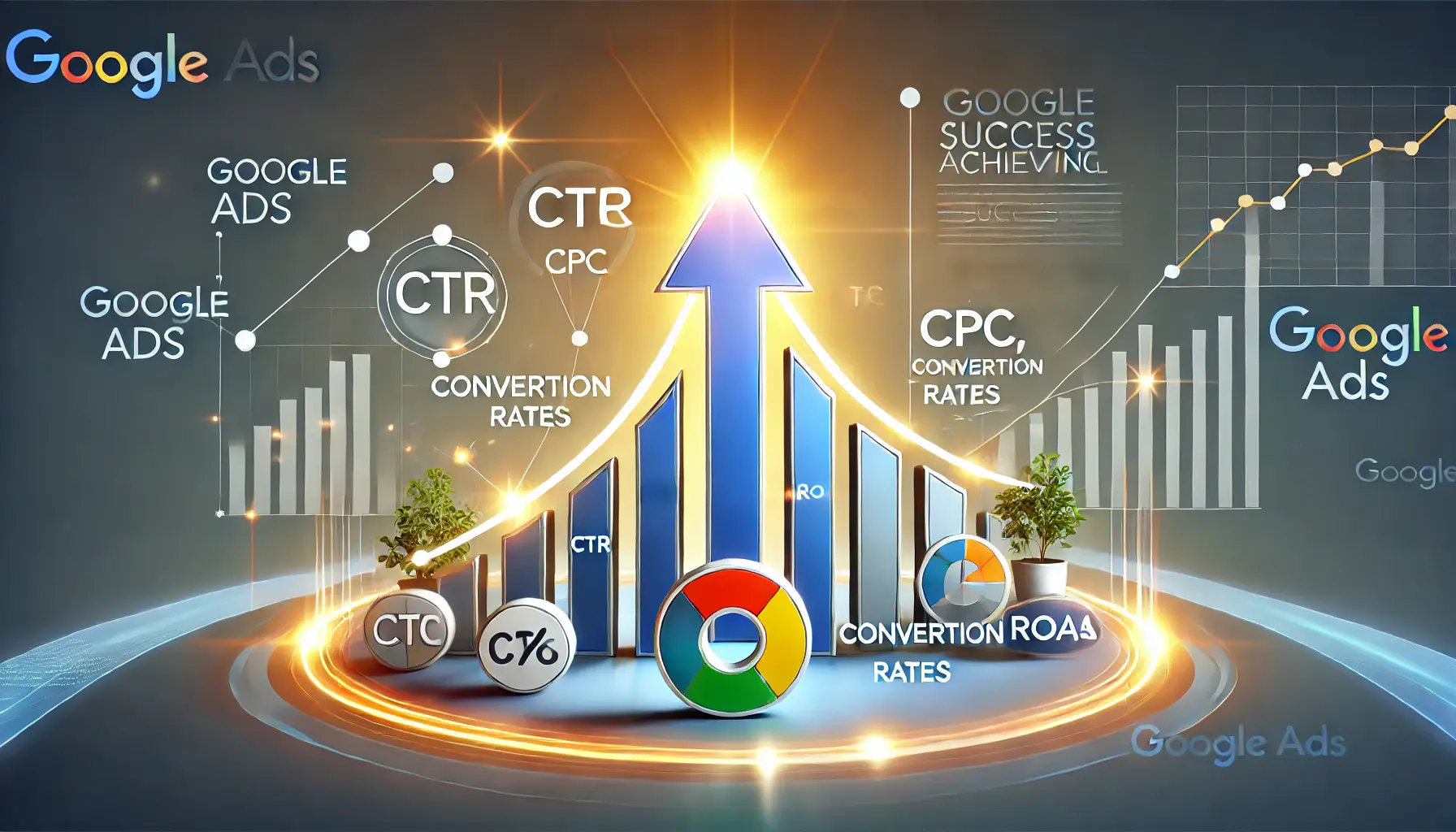 Rising arrow graph surrounded by icons for CTR, CPC, Conversion Rates, and ROAS, symbolizing success with Google Ads benchmarks.