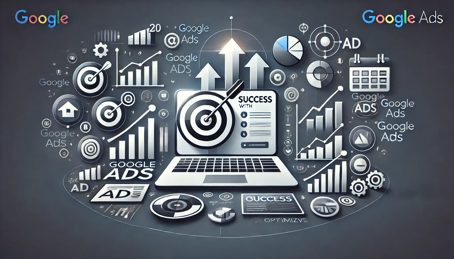 Abstract representation of success with Google Ads, featuring upward arrows, growth charts, and success indicators.