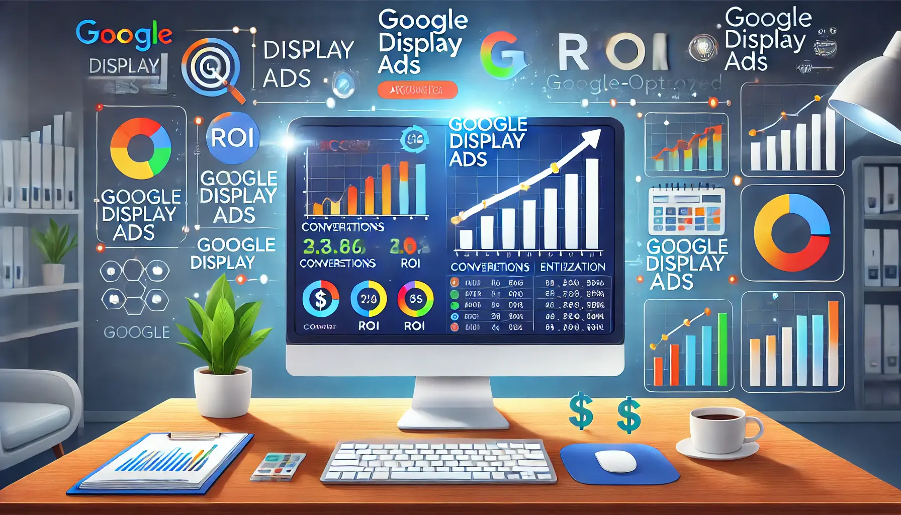 A professional workspace with a computer displaying a successful Google Display Ads campaign dashboard with key metrics like conversions, ROI, and engagement, surrounded by success icons.