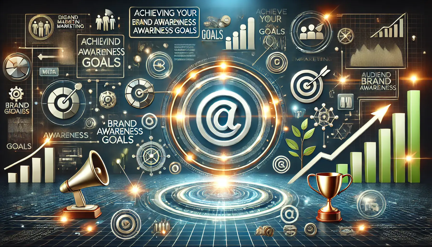 A conceptual digital marketing scene with a glowing brand logo at the center, surrounded by graphs, target icons, and audience engagement symbols, with a rising arrow and trophy symbolizing success.