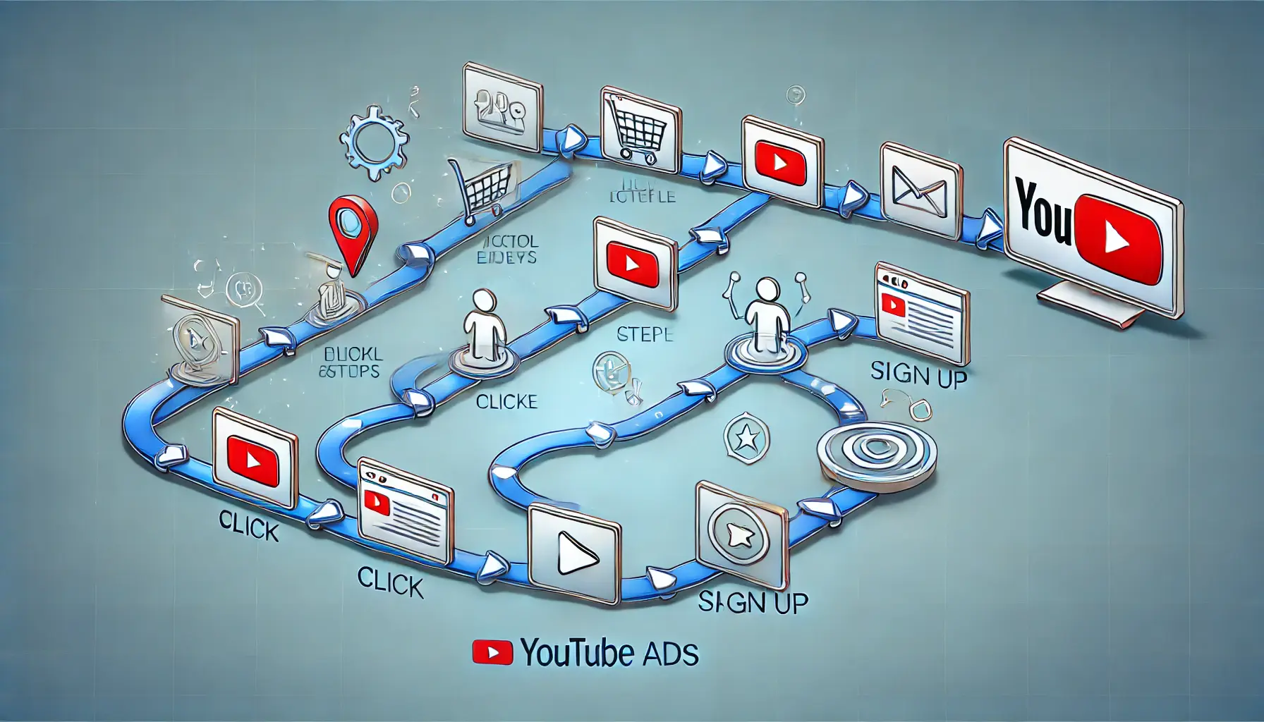 A series of connected stages with buttons and icons, symbolizing action-based sequences in YouTube ads that encourage step-by-step engagement.