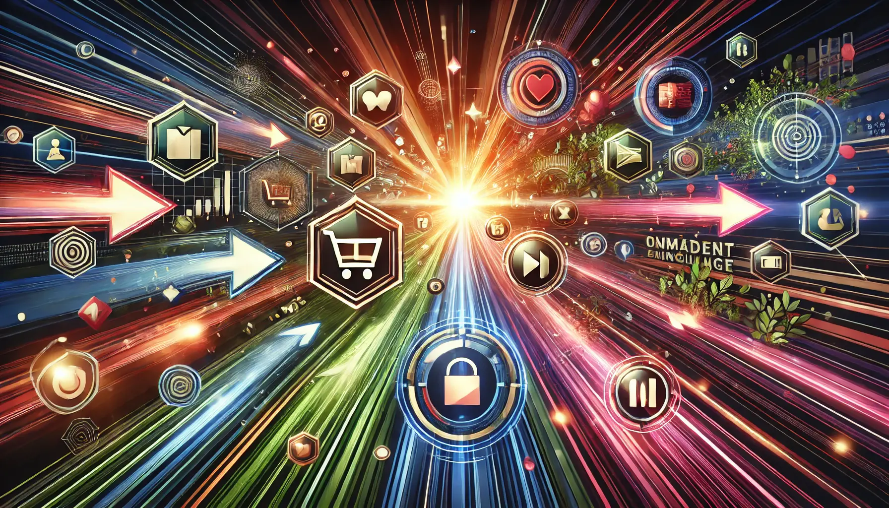 A dynamic depiction of action-oriented language techniques in digital ads, showcasing vibrant elements like arrows, timers, and shopping cart icons to symbolize urgency and interaction.