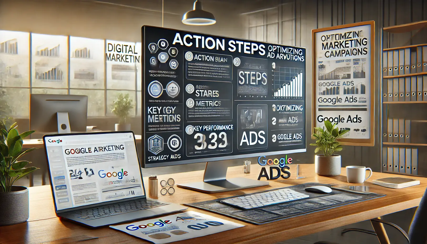 Professional digital marketing workspace showing an action plan with steps for optimizing ad campaigns on a monitor.