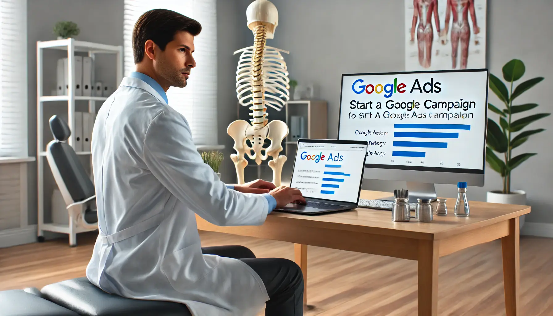 A chiropractor taking actionable steps to start a Google Ads campaign on a laptop in a modern clinic.