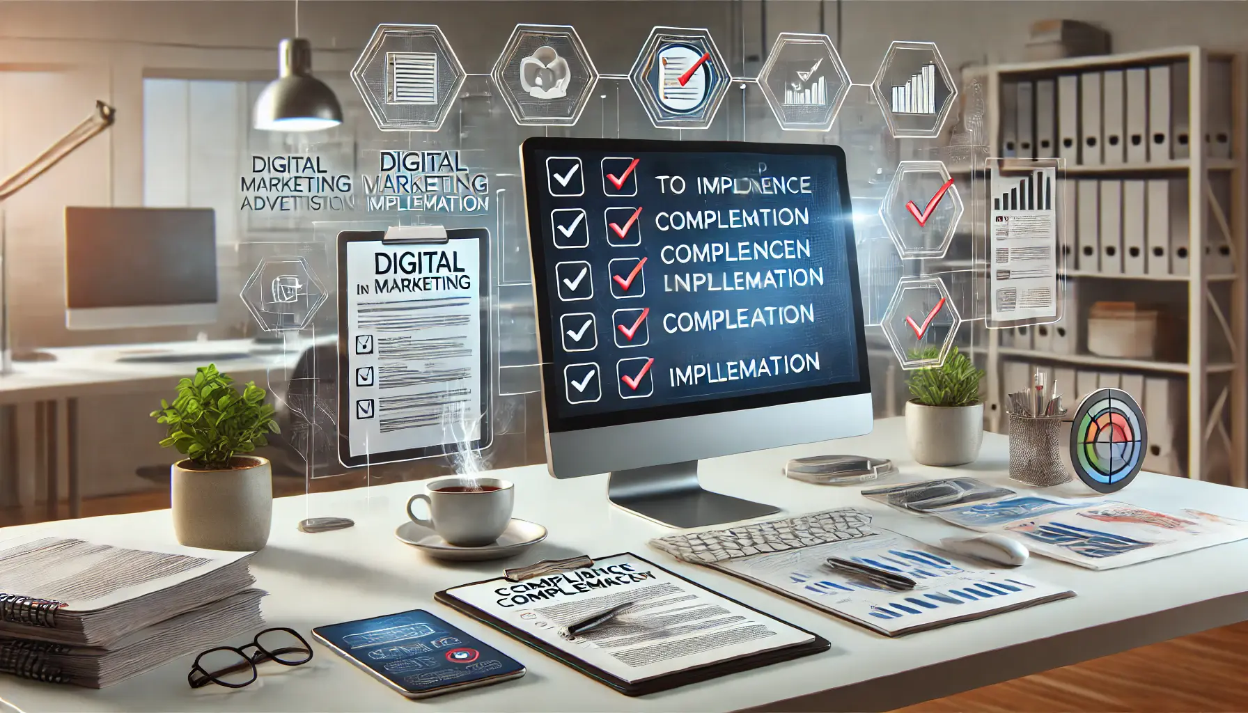 A digital marketing workspace with a computer displaying a step-by-step checklist for compliance implementation, surrounded by documents, tablet, notebook, and coffee cup.