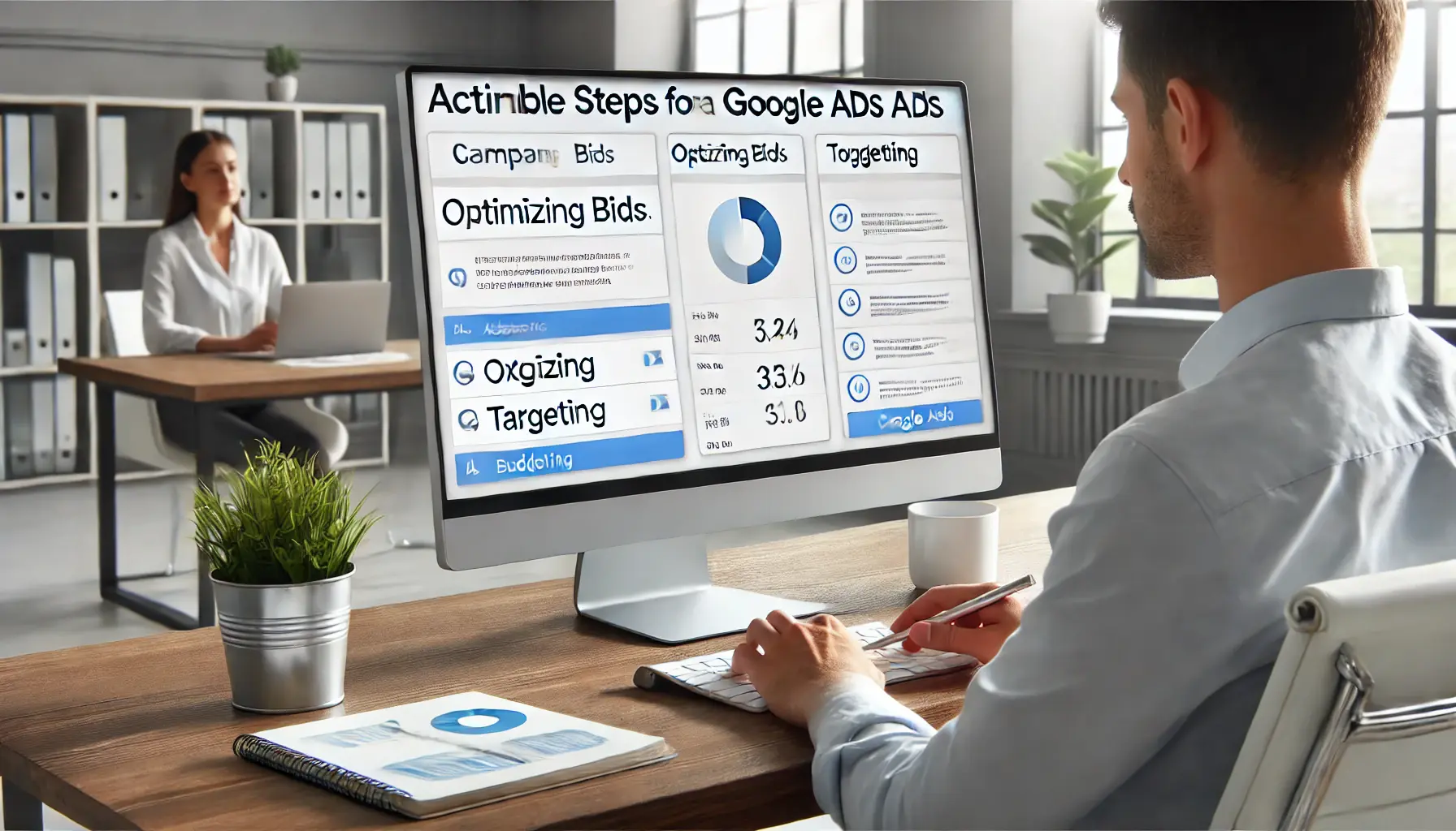 Digital marketer reviewing actionable steps for optimizing a Google Ads campaign on a computer screen.