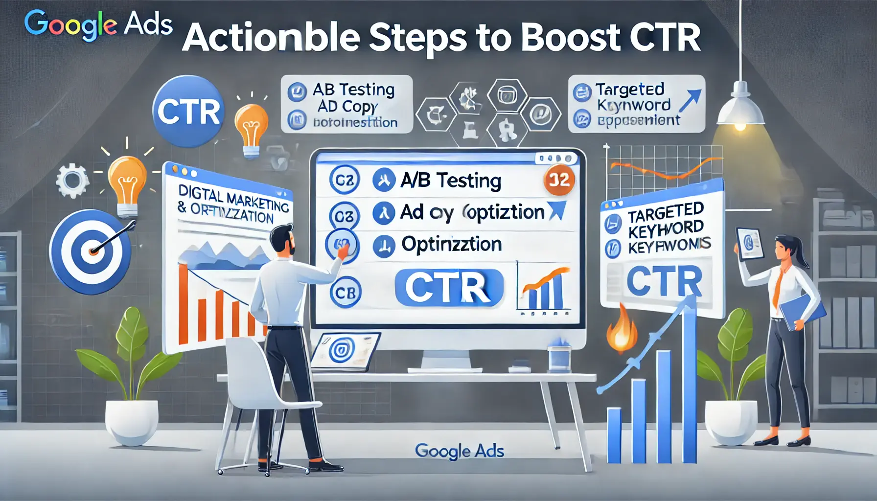 A digital marketer implementing strategies like A/B testing, ad copy optimization, and keyword adjustments to boost CTR.