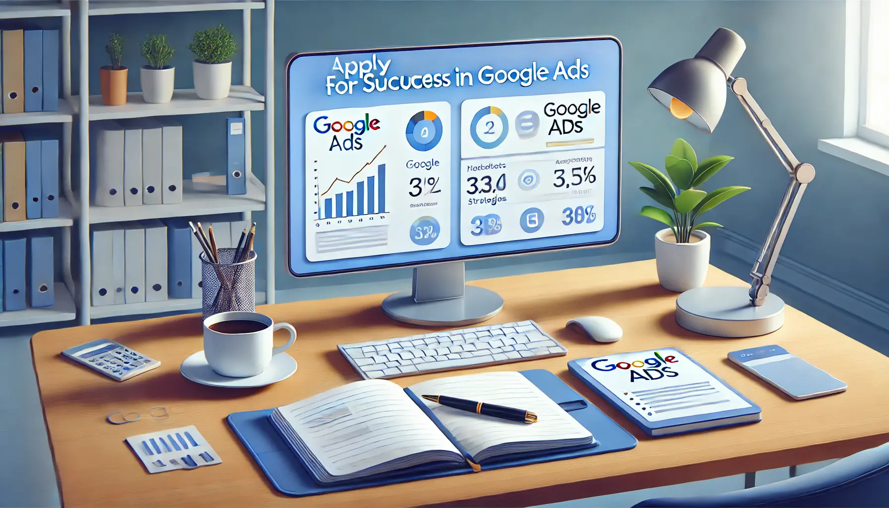 A modern workspace with a computer screen displaying Google Ads performance metrics and strategies, accompanied by a cup of coffee, a notebook, and a pen.