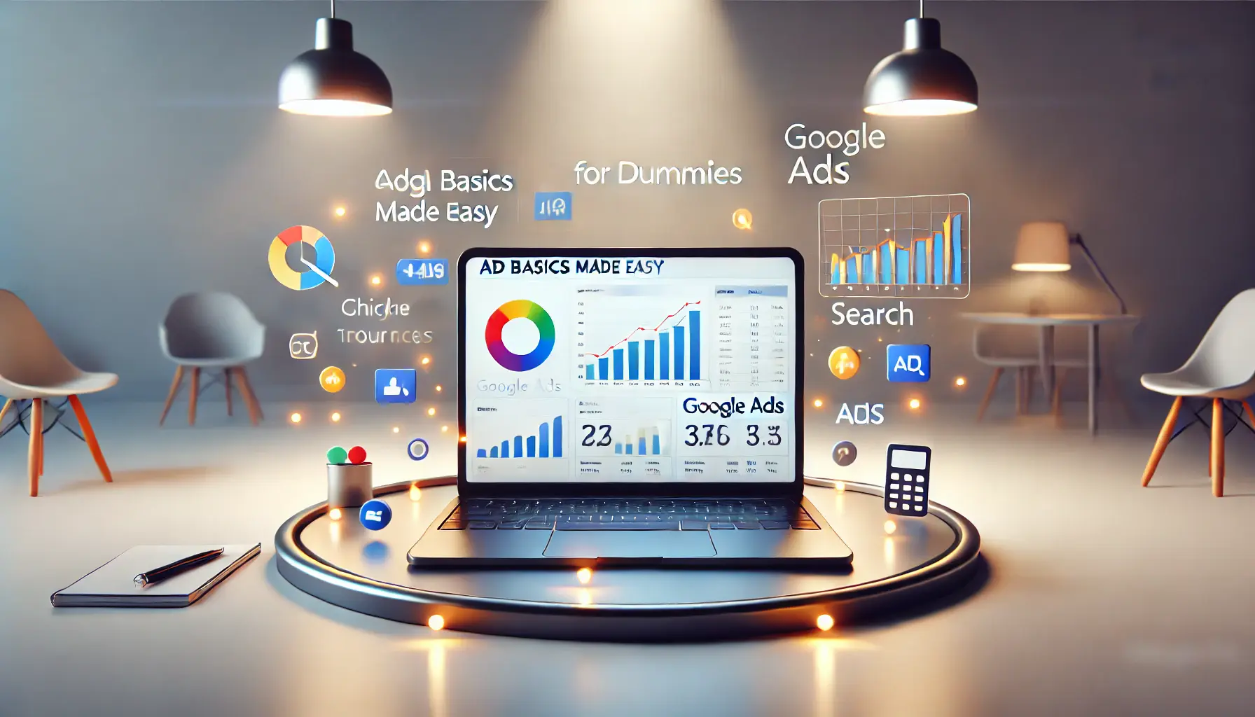 A clean and modern depiction of digital advertising with a laptop showing an analytics dashboard, colorful graphs, and ad icons.