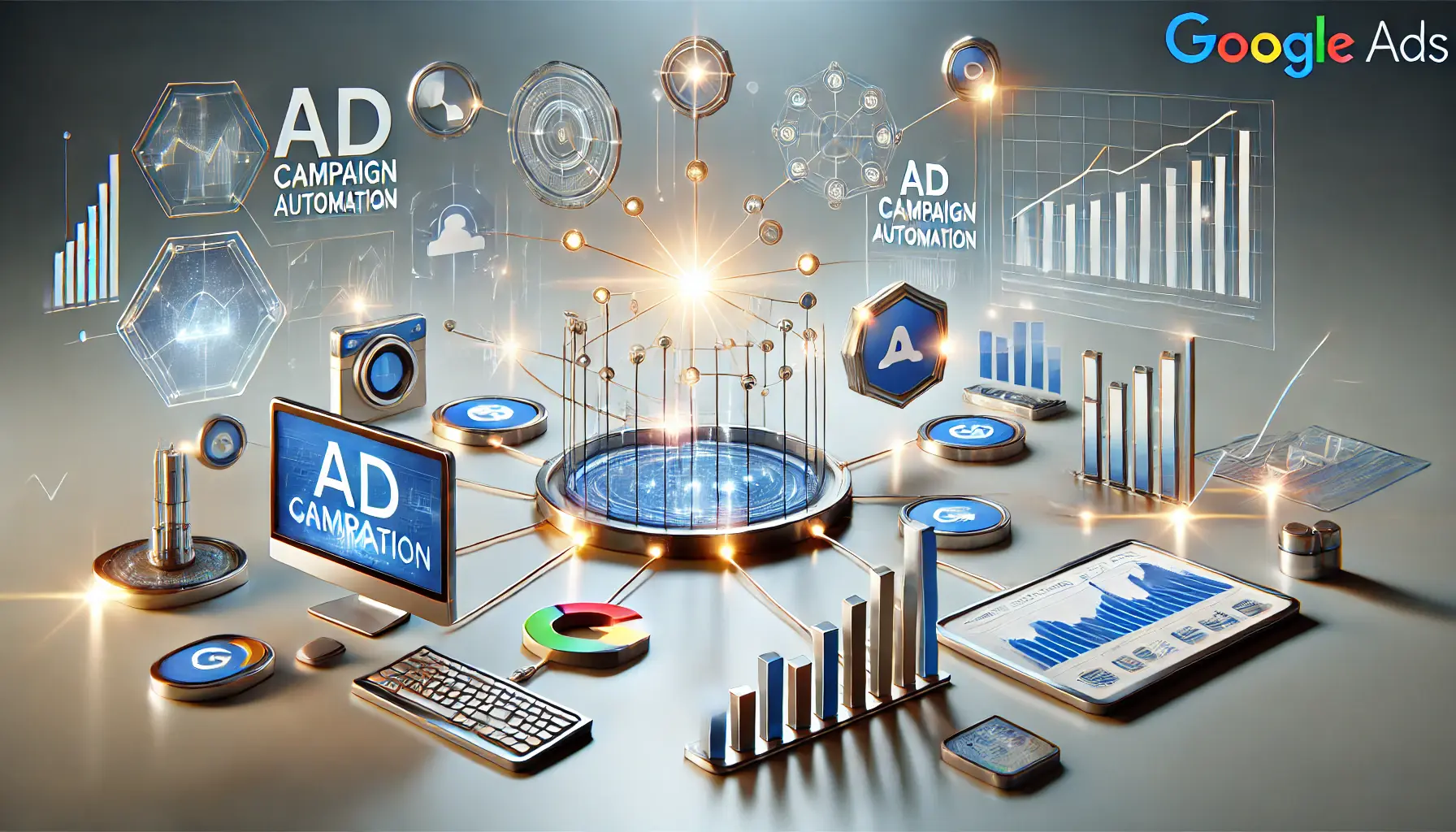 Visual representation of ad campaign automation in Google Ads, featuring interconnected digital devices and data visualizations connected by glowing lines.