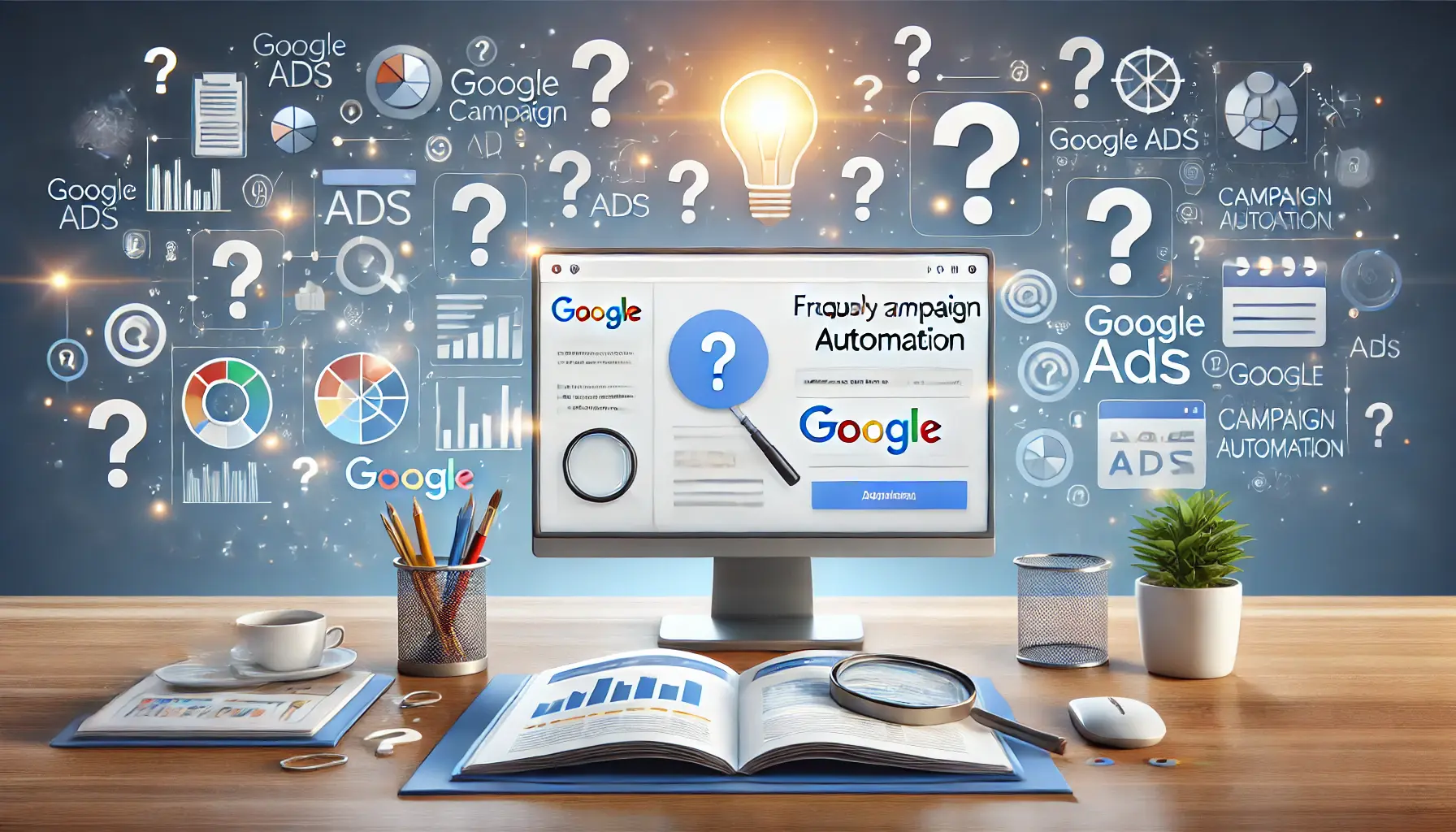 A digital workspace with a Google Ads dashboard surrounded by question mark icons and symbols of search and inquiry.