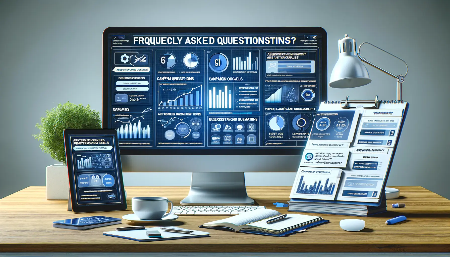 A digital marketing workspace with a monitor displaying performance charts and data visualizations, with tools like a tablet and a notepad.