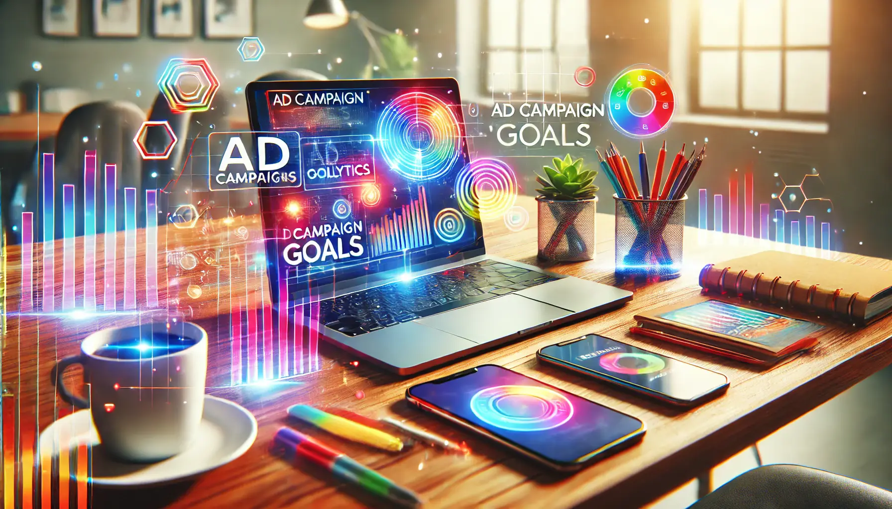 A vibrant digital marketing setup showing a laptop with ad analytics, colorful charts, and various digital tools on a modern desk.