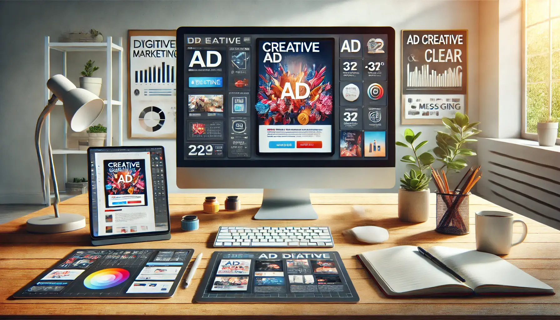 A digital marketing workspace with a computer screen displaying an ad campaign, tablet showing a design app, and a notebook for brainstorming.