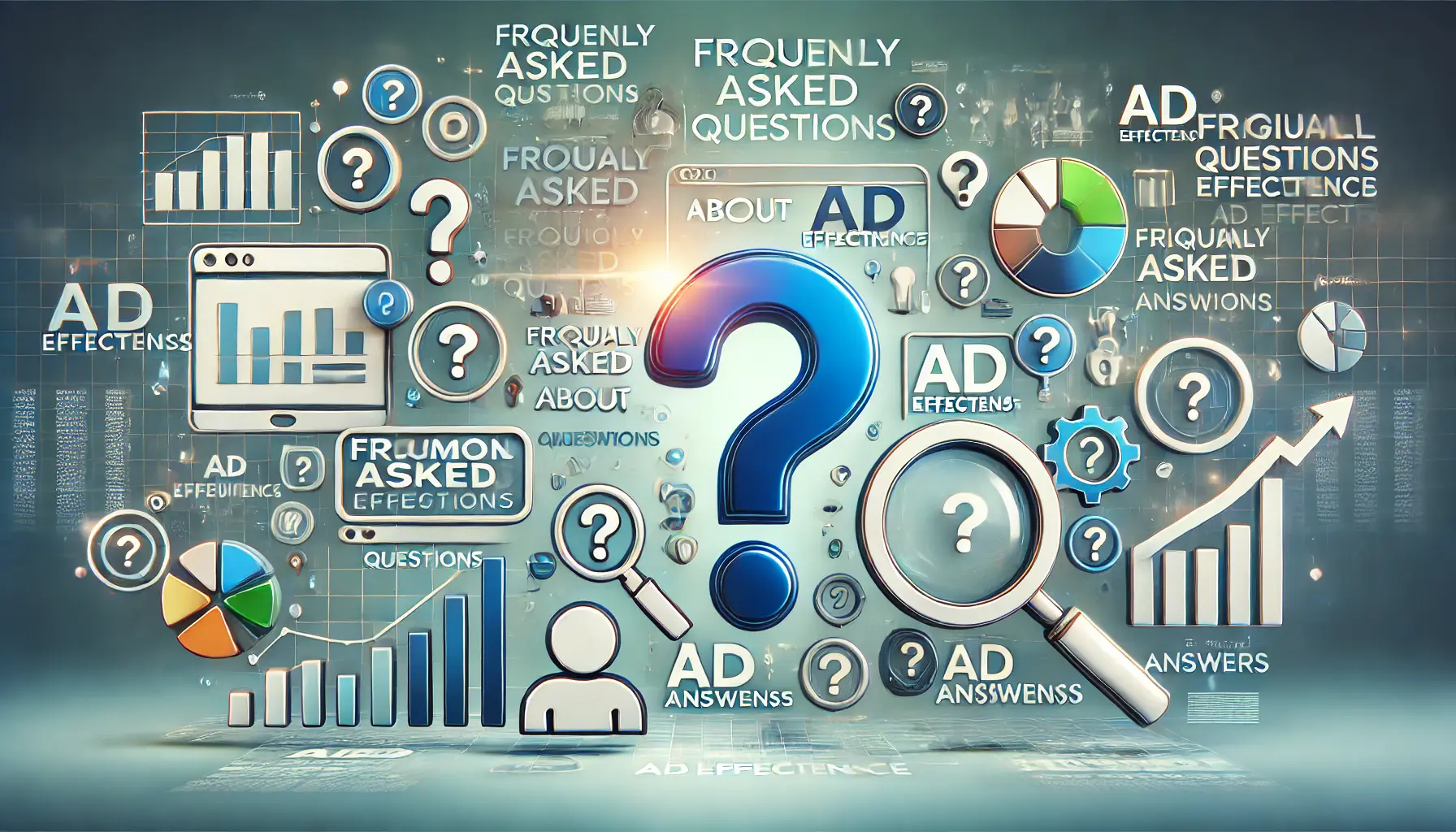 A digital marketing scene with icons representing frequently asked questions, including a question mark, magnifying glass, and thinking person, along with data elements like graphs and charts.