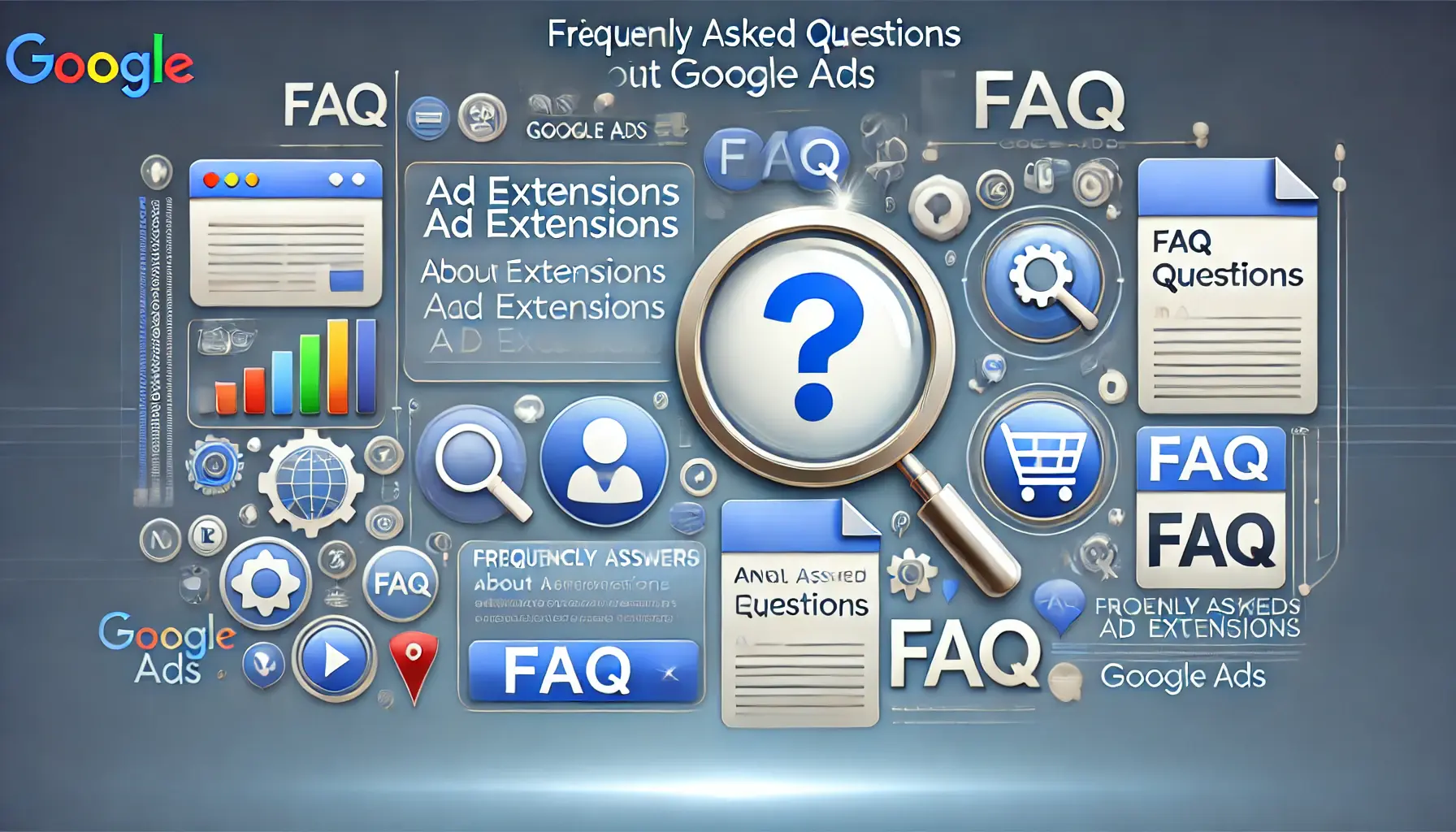 An image representing FAQs about ad extensions in Google Ads, with visual elements like question marks and support icons.