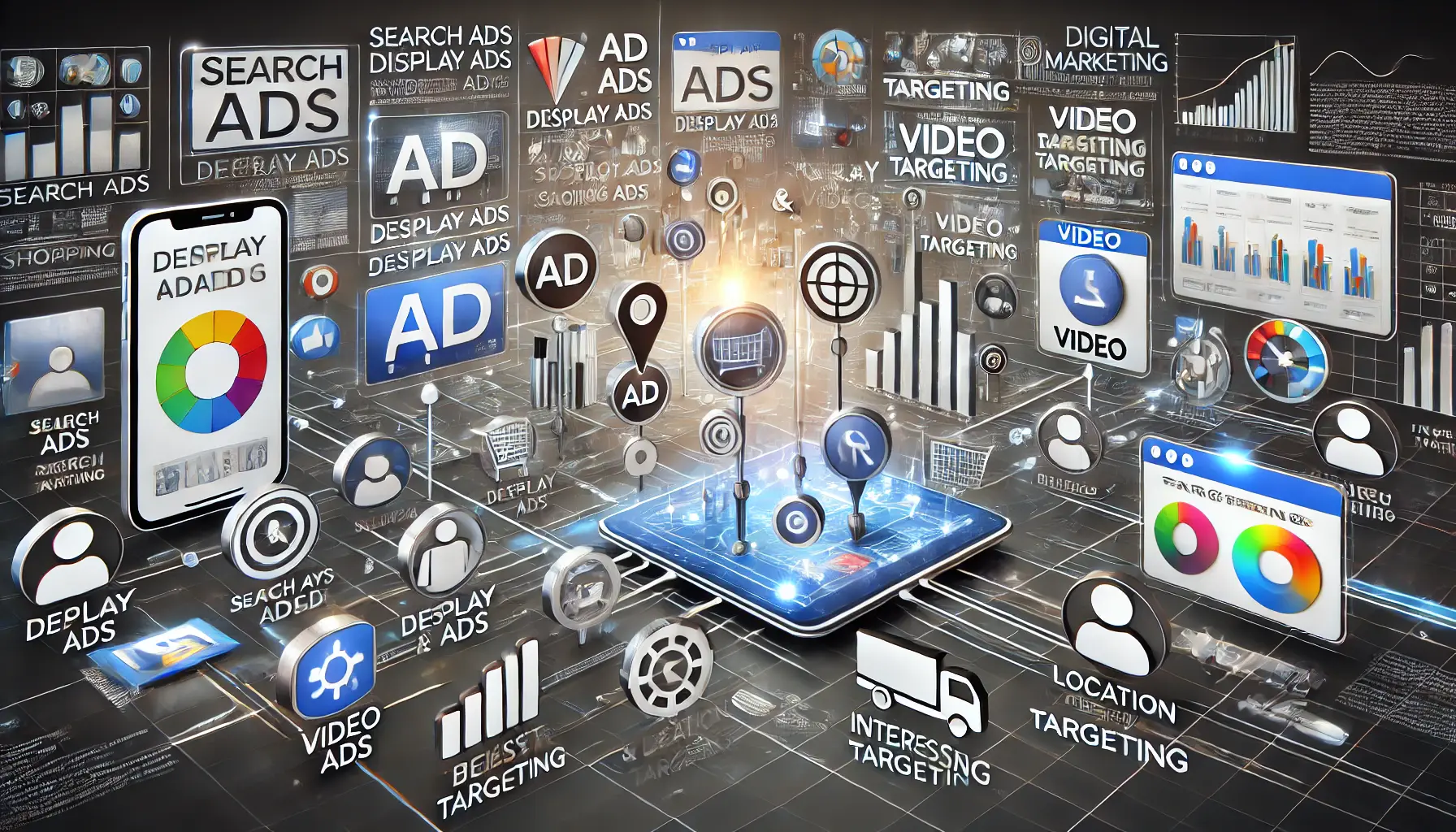 Illustration depicting ad features and targeting options, such as search ads, display ads, and various targeting capabilities.