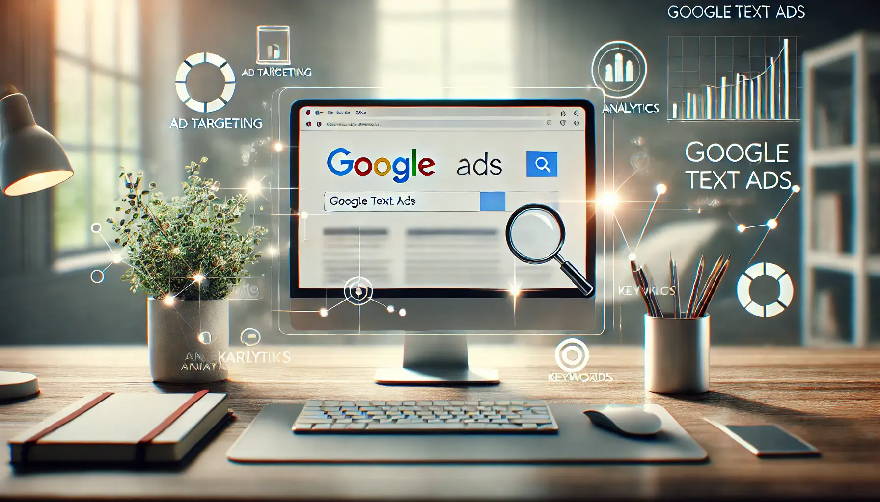 A visually engaging representation of Google Text Ads, featuring a computer screen with search results, highlighted ads, and marketing icons in a sleek workspace.