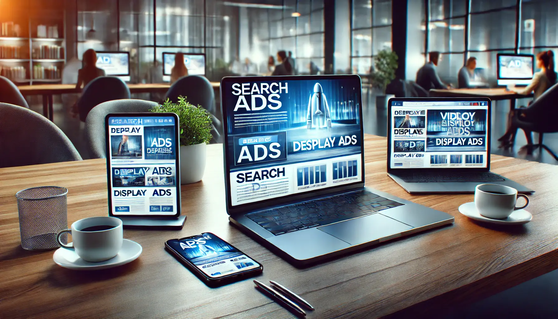 A display of various digital ad formats on a laptop, tablet, and smartphone, representing search ads, display ads, and video ads.