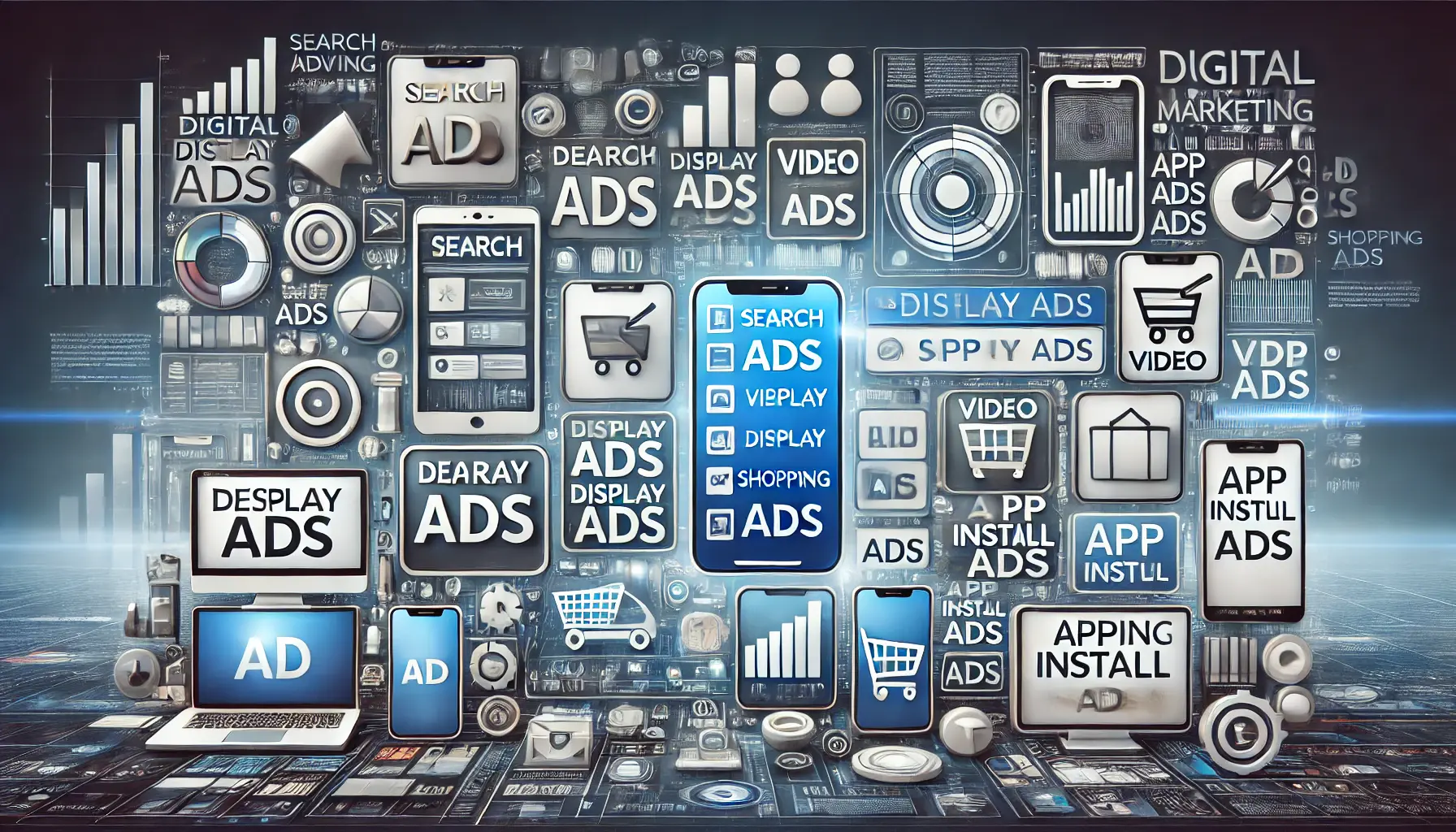 Illustration showing different digital advertising formats, such as search ads, display ads, video ads, and shopping ads.