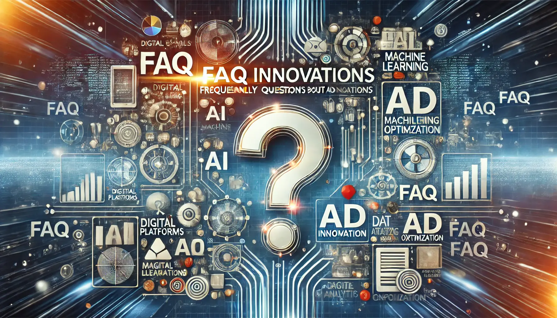 Abstract representation of frequently asked questions about ad innovations, featuring digital platforms, AI, and data analytics tools.