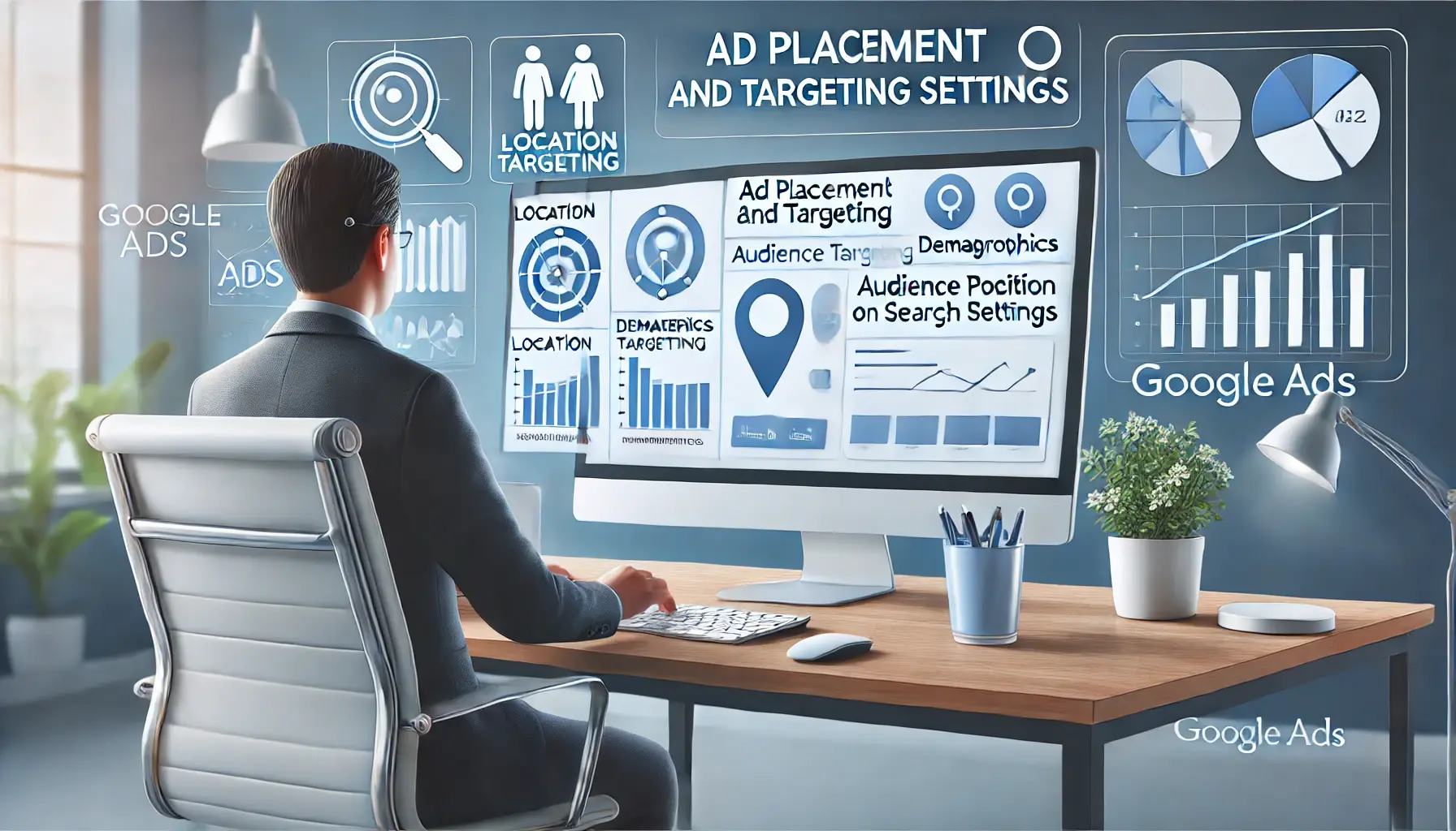 A marketer working on ad placement metrics and audience targeting settings on a computer dashboard.