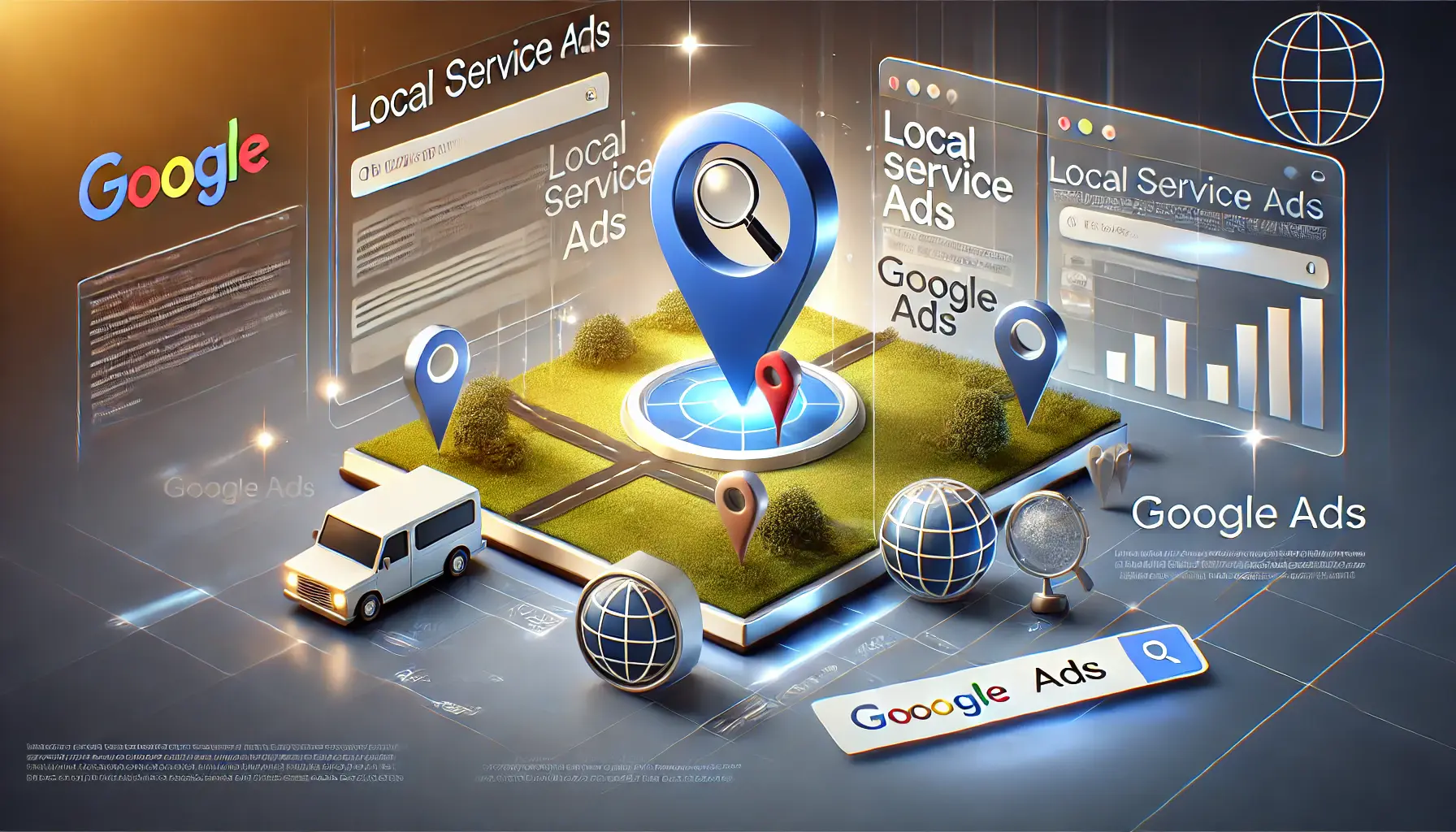 An illustration of ad placement in search engine results, showing Local Service Ads at the top, followed by Google Ads and organic listings.