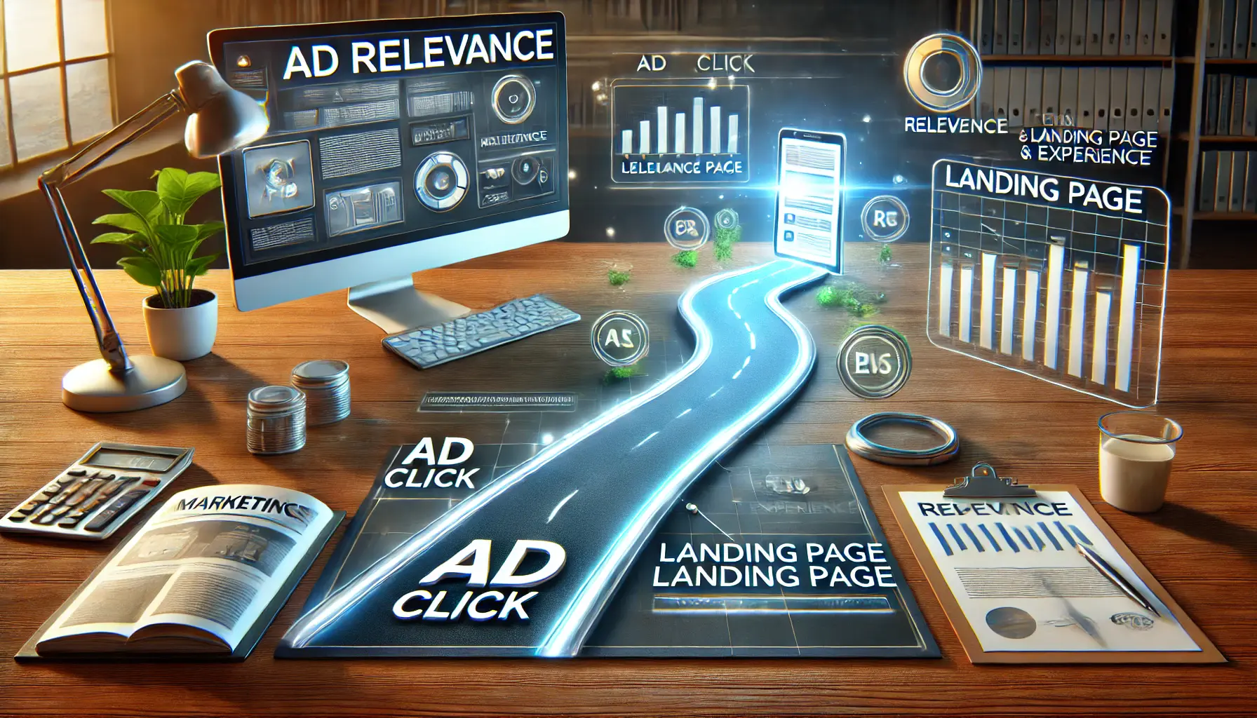 Illustration showing a seamless user journey from an ad click to a well-optimized landing page, emphasizing relevance and user experience.