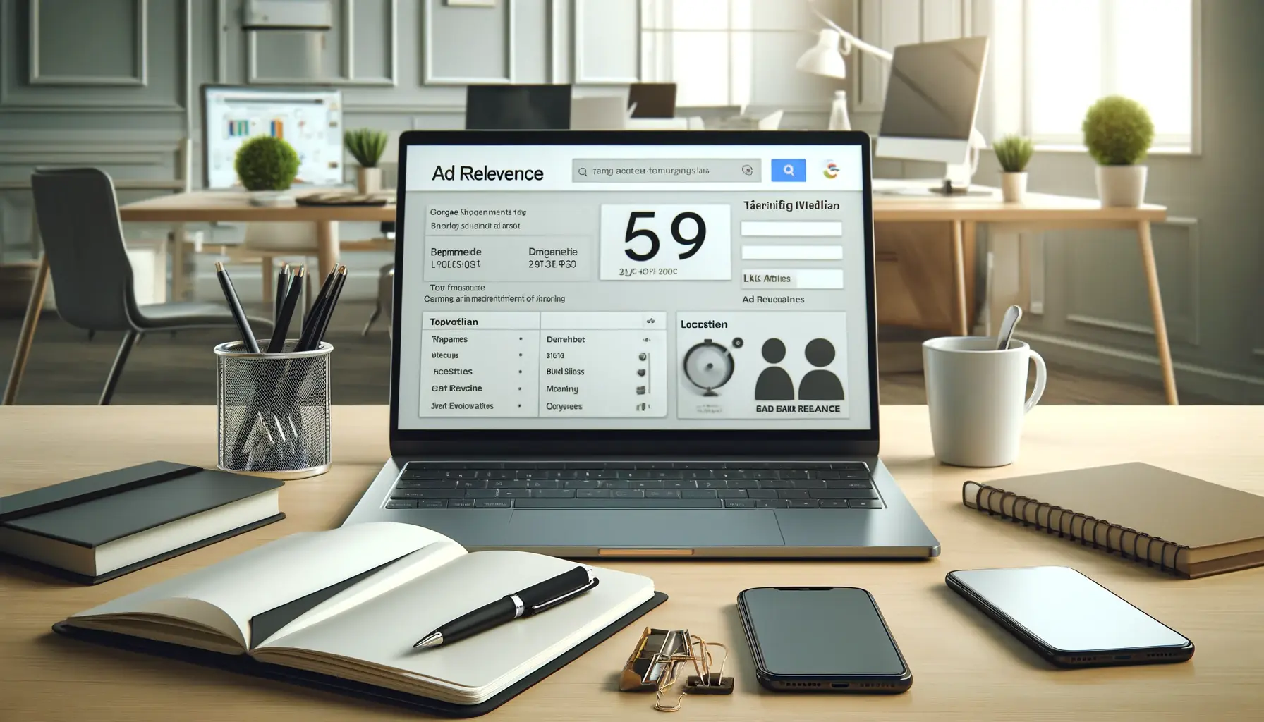 A laptop displaying a targeting dashboard with demographic filters, location settings, and ad relevance metrics, surrounded by a notebook, pen, smartphone, and coffee cup on a clean desk in a modern office.