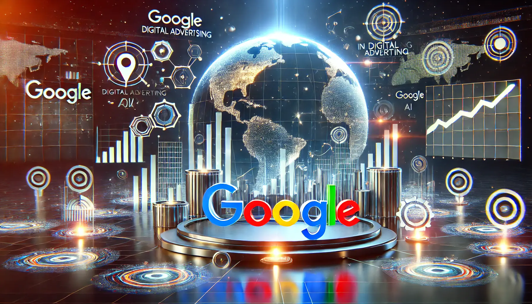 A professional visual representation of Google's 2024 digital advertising dominance, featuring futuristic AI elements, graphs, and a global network.