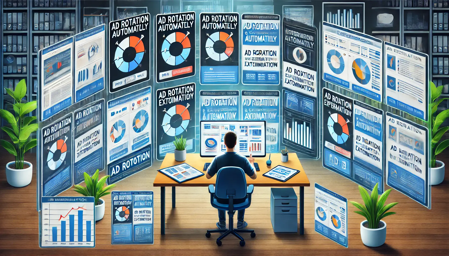 A digital marketer analyzing the performance of rotating ad variations with different headlines, images, and calls-to-action in a modern office.