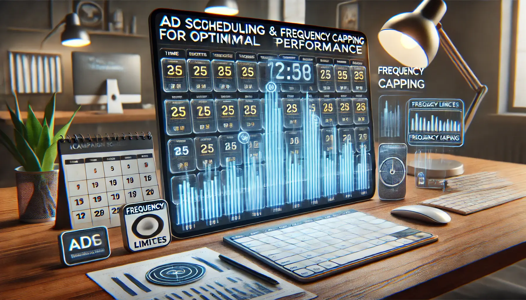 Illustration of ad scheduling and frequency capping with a campaign calendar and frequency settings across devices.