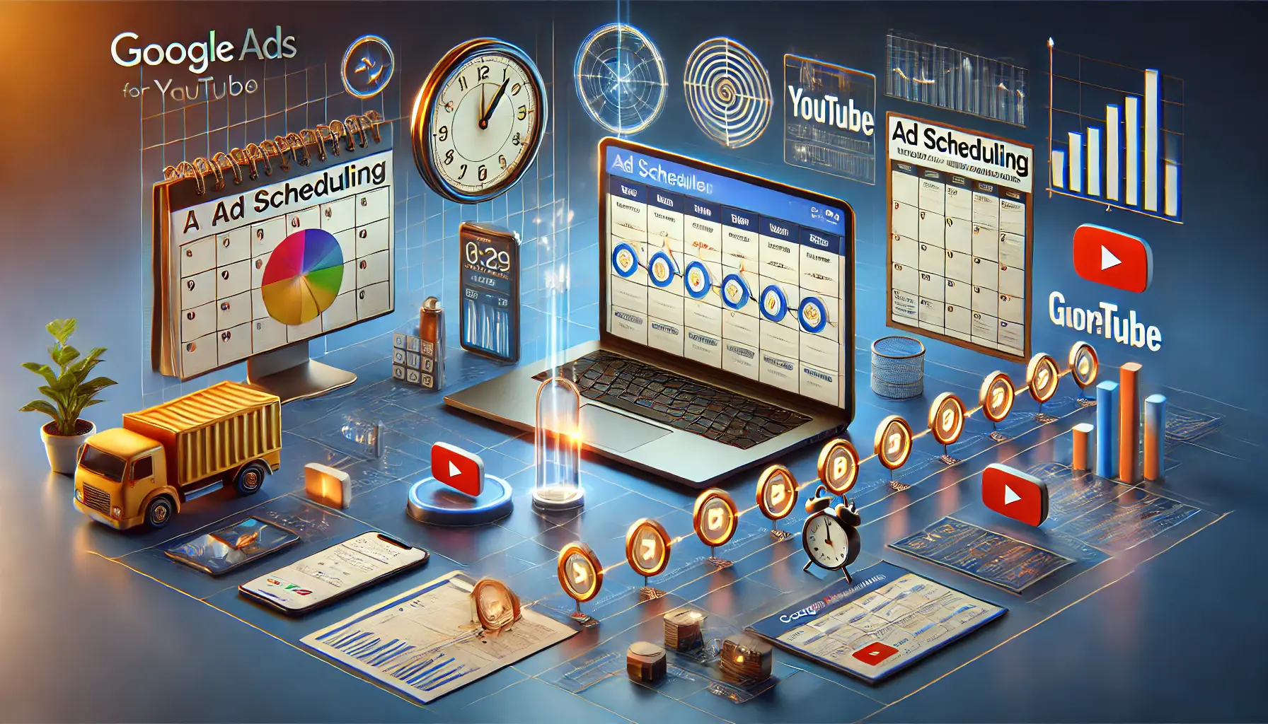 A digital interface showing a scheduling tool on a laptop screen with a timeline of ad time slots, surrounded by devices like smartphones, tablets, and computers.