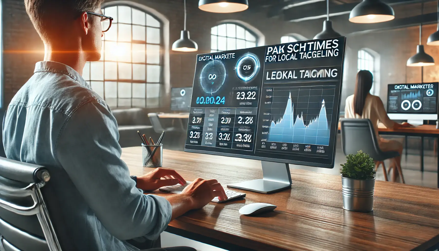 A digital marketer analyzing ad scheduling data and adjusting local targeting strategies in a modern office with graphs on the screen.