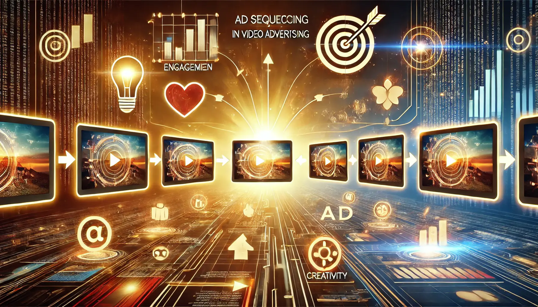 A series of video frames connected by arrows, with glowing icons representing engagement, creativity, and emotional connection, highlighting the benefits of ad sequencing.