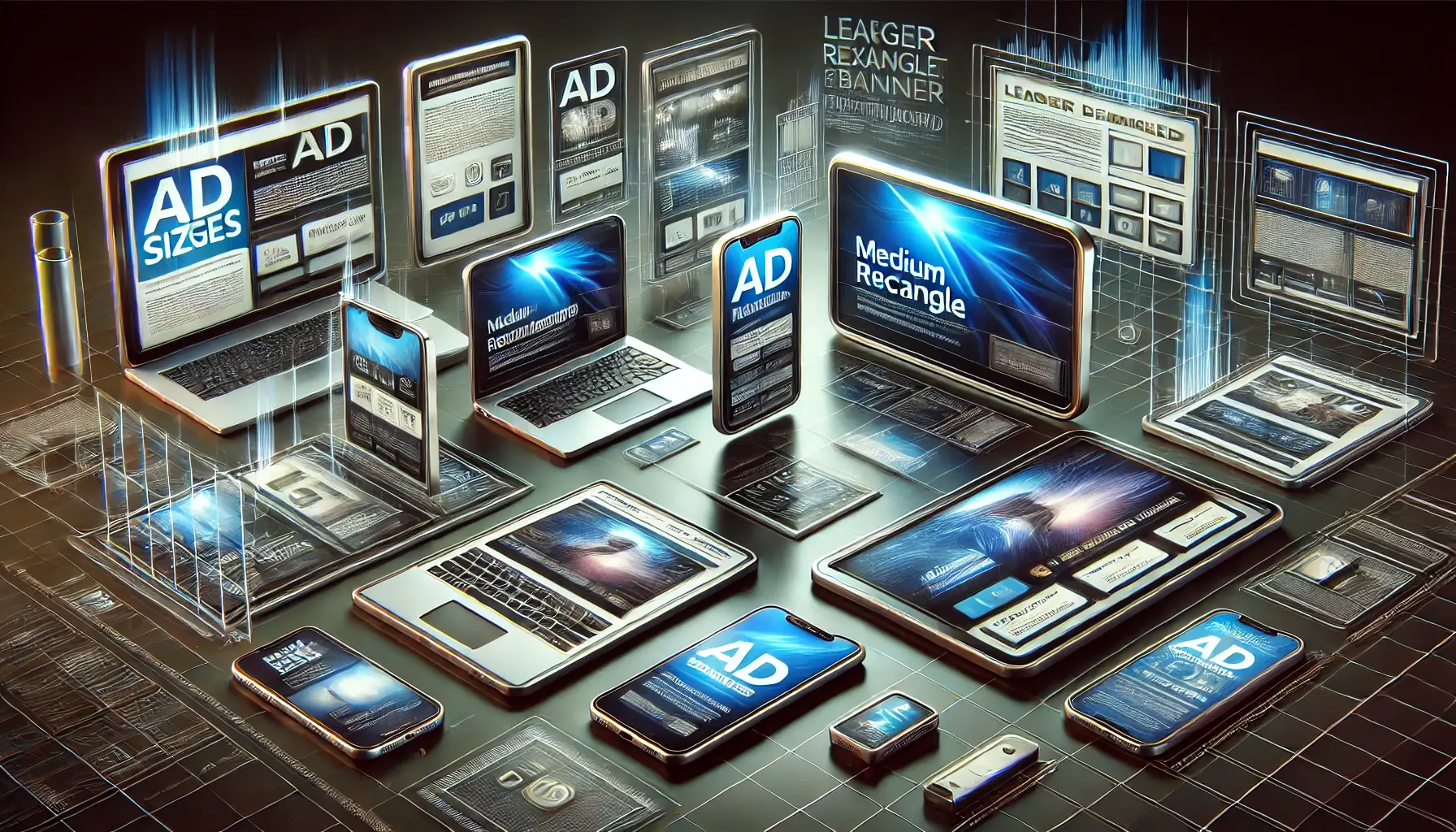 Illustration showcasing various ad sizes and formats on digital devices like laptops, smartphones, and tablets.