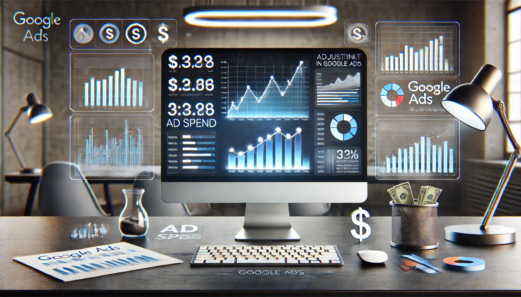 A workspace with a desktop displaying analytics dashboards focusing on ad spend adjustments and performance metrics.