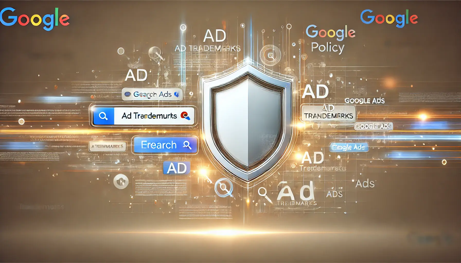 An abstract illustration of digital advertising and trademark protection featuring a shield and search ad interface.