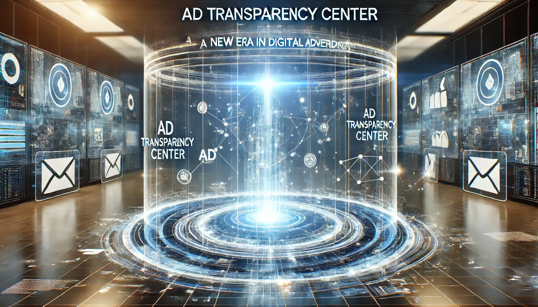 A conceptual visualization of the Ad Transparency Center marking a new era in digital advertising, featuring futuristic technology and transparent ad data.