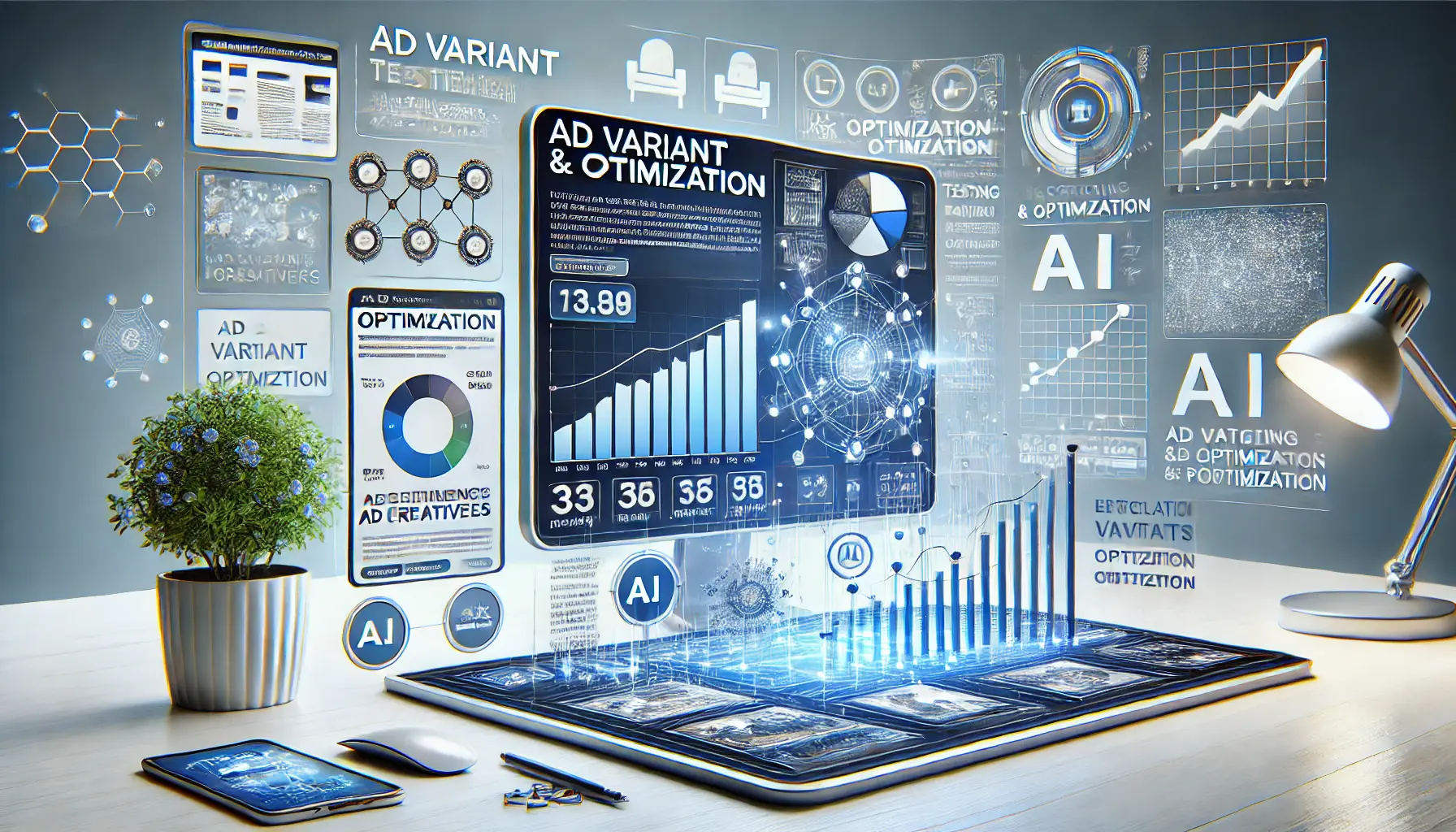 An image showing ad variant testing and optimization, with multiple ad creatives, optimization graphs, and AI elements in a digital workspace.