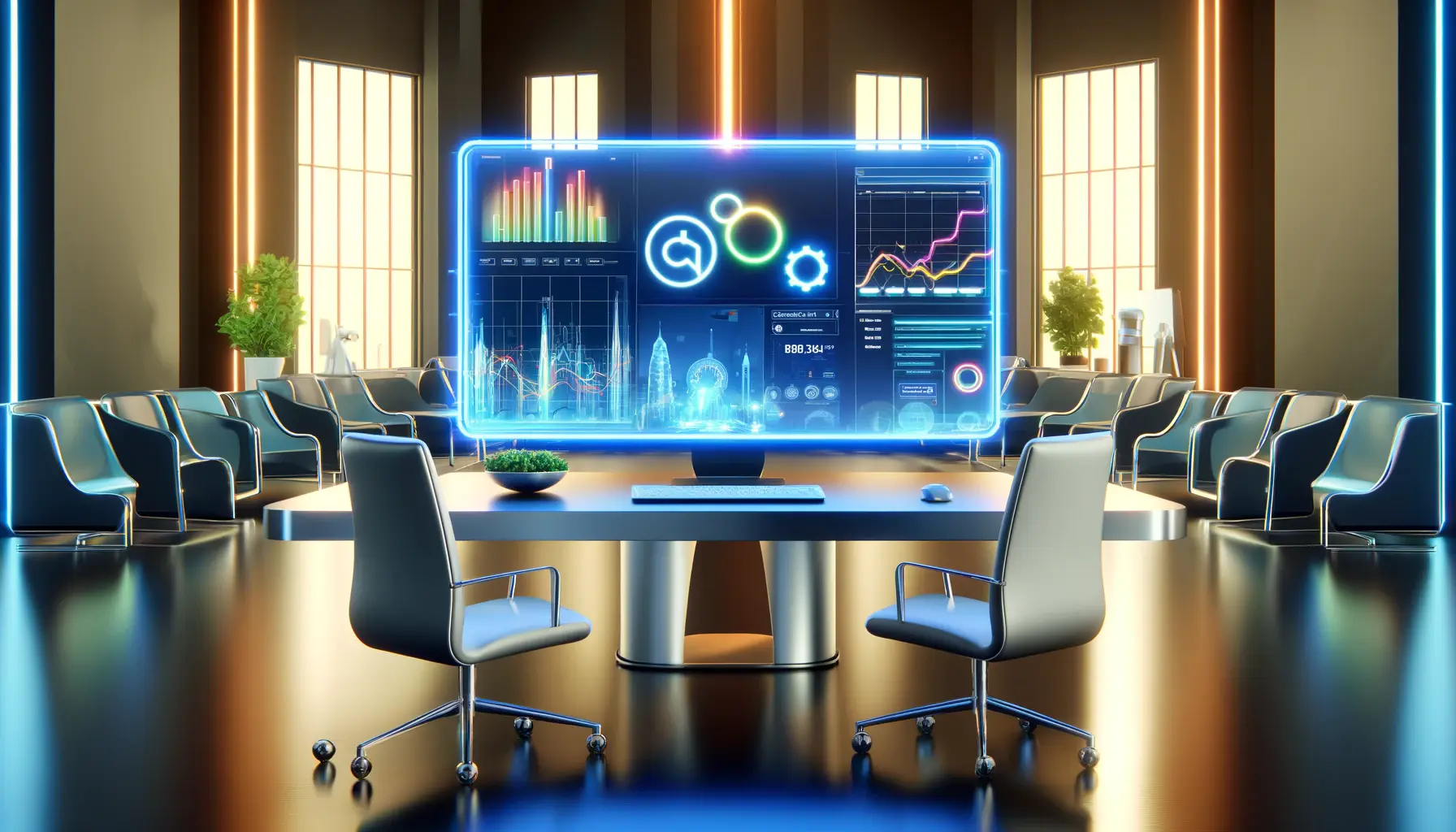 A futuristic workspace showcasing digital marketing automation with glowing holographic charts and a Google Ads dashboard, set against a modern cityscape backdrop.