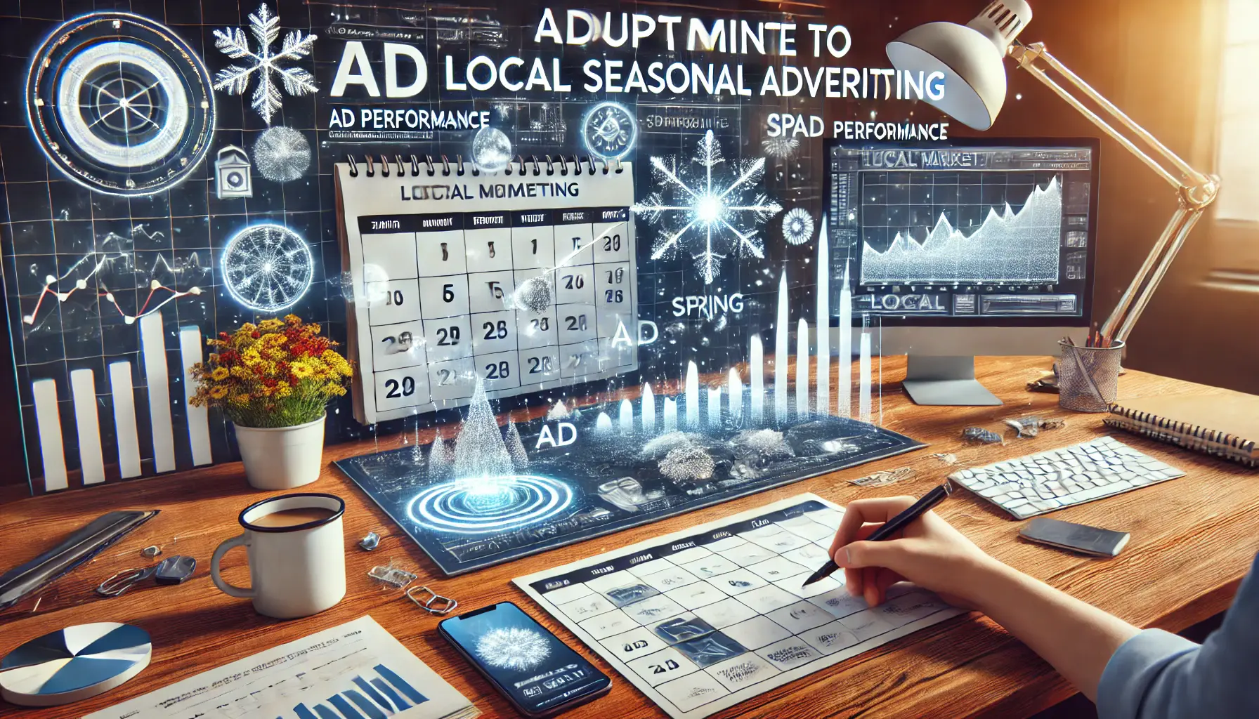 A digital marketing workspace featuring a calendar marked with seasonal events, a graph showing ad performance trends, and seasonal elements like snowflakes and flowers.